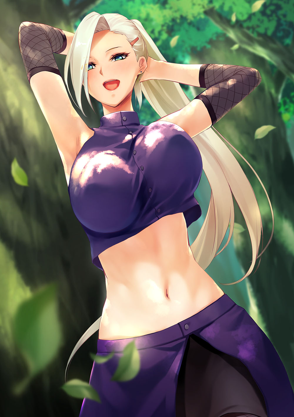 :d, 1girls, arms behind back, big breasts, blonde hair, blue eyes, bounce, bouncing, bouncing breasts, breasts, busty, commentary, crop top, earrings, elbow pads, female, female only, forest, from below, hair over one eye, highres, ichikawa noa, ino yamanaka, jewelry, large breasts, leaf, leaves, long hair, looking at viewer, midriff, naruto, naruto (series), naruto shippuden, nature, navel, open mouth, outdoors, ponytail, skirt, smile, solo, solo focus, tree, very long hair