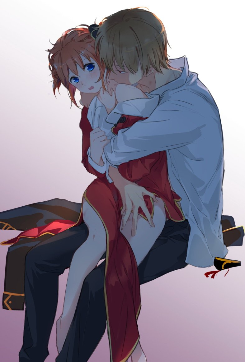 1boy 1girls bite_mark blue_eyes blush bun_cover china_dress chinese_clothes double_bun embrace female from_behind gintama hickey_marks hugging_from_behind imminent_sex kagura_(gintama) lolisamurai looking_at_viewer male messy_hair nuzzling okita_sougo orange_hair police_officer police_uniform shinsengumi_(gintama) sitting sitting_on_lap sitting_on_person teen_boy teenage_girl teenager