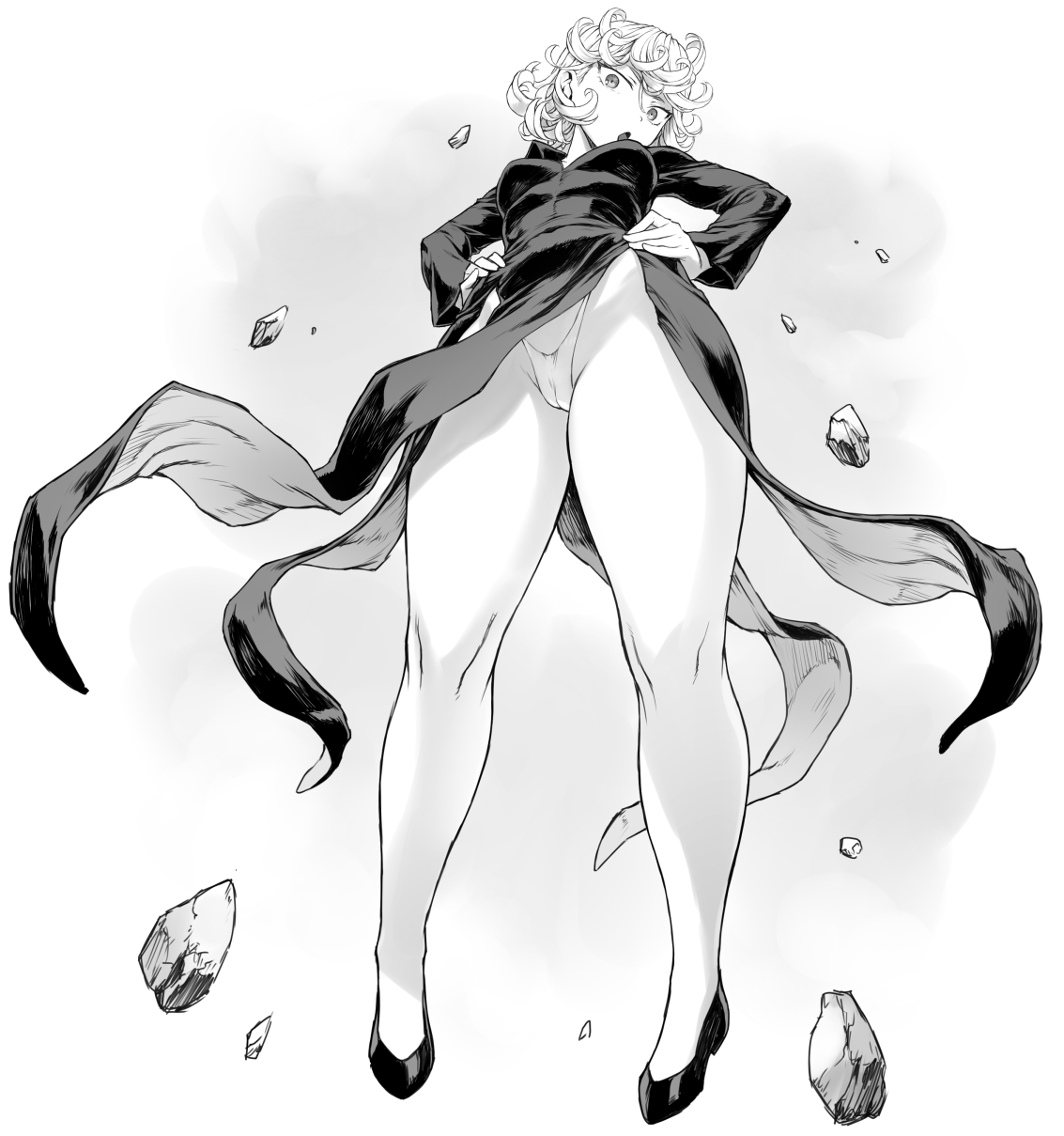 1girls, female, looking at viewer, low-angle view, mogudan, monochrome, one-punch man, panties, tatsumaki, wide hips, wide thighs