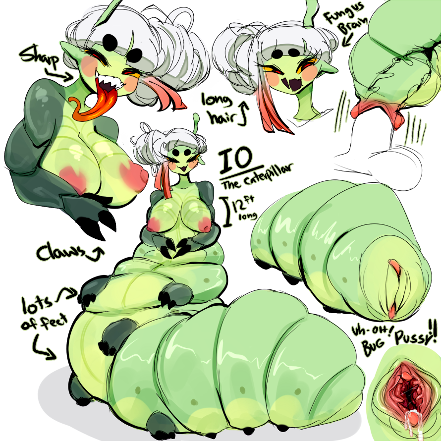 1boy1girl 1girls arthropod arthropod_abdomen arthropod_abdomen_pussy big_breasts caterpillar cherusdoodles claws green_body green_skin insect_girl insects large_breasts long_tongue penetration pussy pussy_juice solo solo_female tongue tongue_out vagina