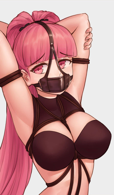 1girls, anonymous artist, arms tied, black bra, bondage, bra, breasts, drooling, female, femsub, fire emblem, fire emblem: three houses, gag, hilda valentine goneril, kosmos (commissioner), large breasts, looking at viewer, nintendo, pink eyes, pink hair, rope, rope between breasts, rope bondage, shibari over clothes, twintails