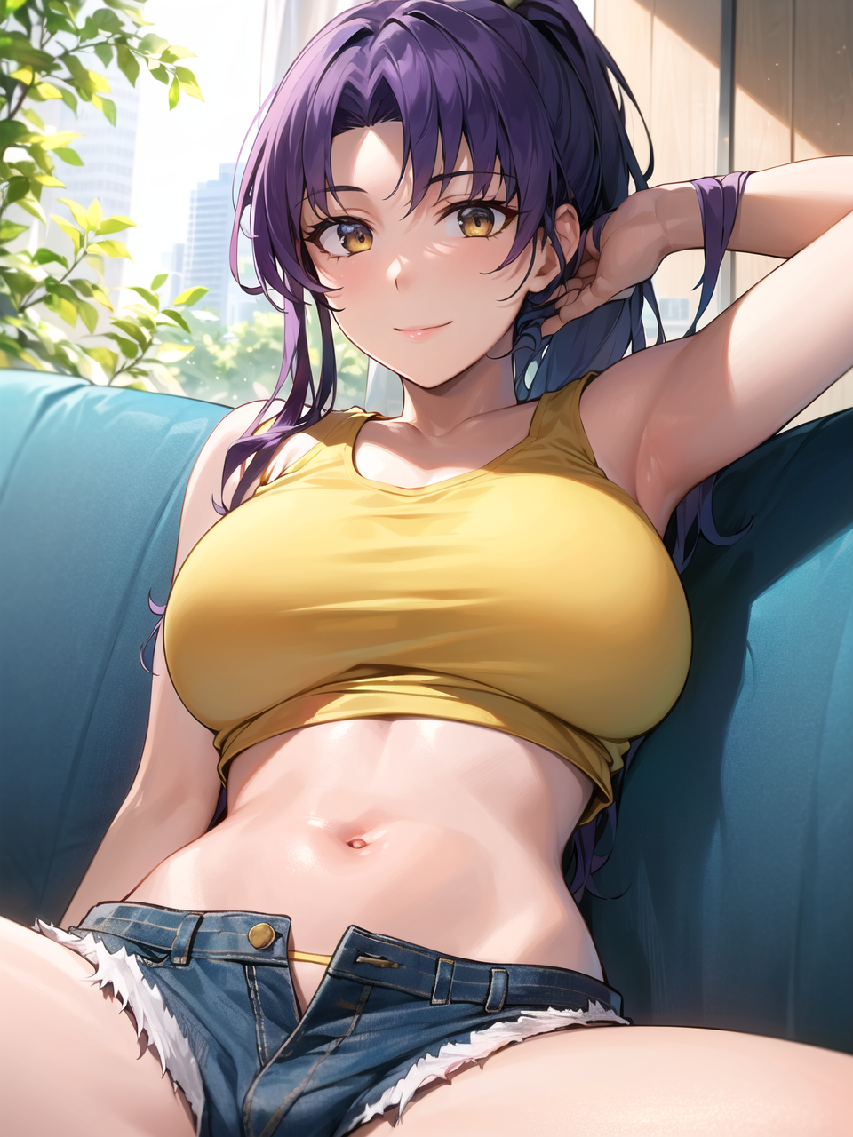 1girls, ai generated, arm behind head, armpits, big breasts, breasts, busty, cleavage, curvaceous, curvy body, curvy female, curvy figure, denim shorts, female, female focus, female only, highres, large breasts, midriff, misato katsuragi, navel, neon genesis evangelion, ponytail, seductive, seductive look, seductive smile, smile, stable diffusion, tank top, unbuttoned, unzipped, violet hair, voluptuous