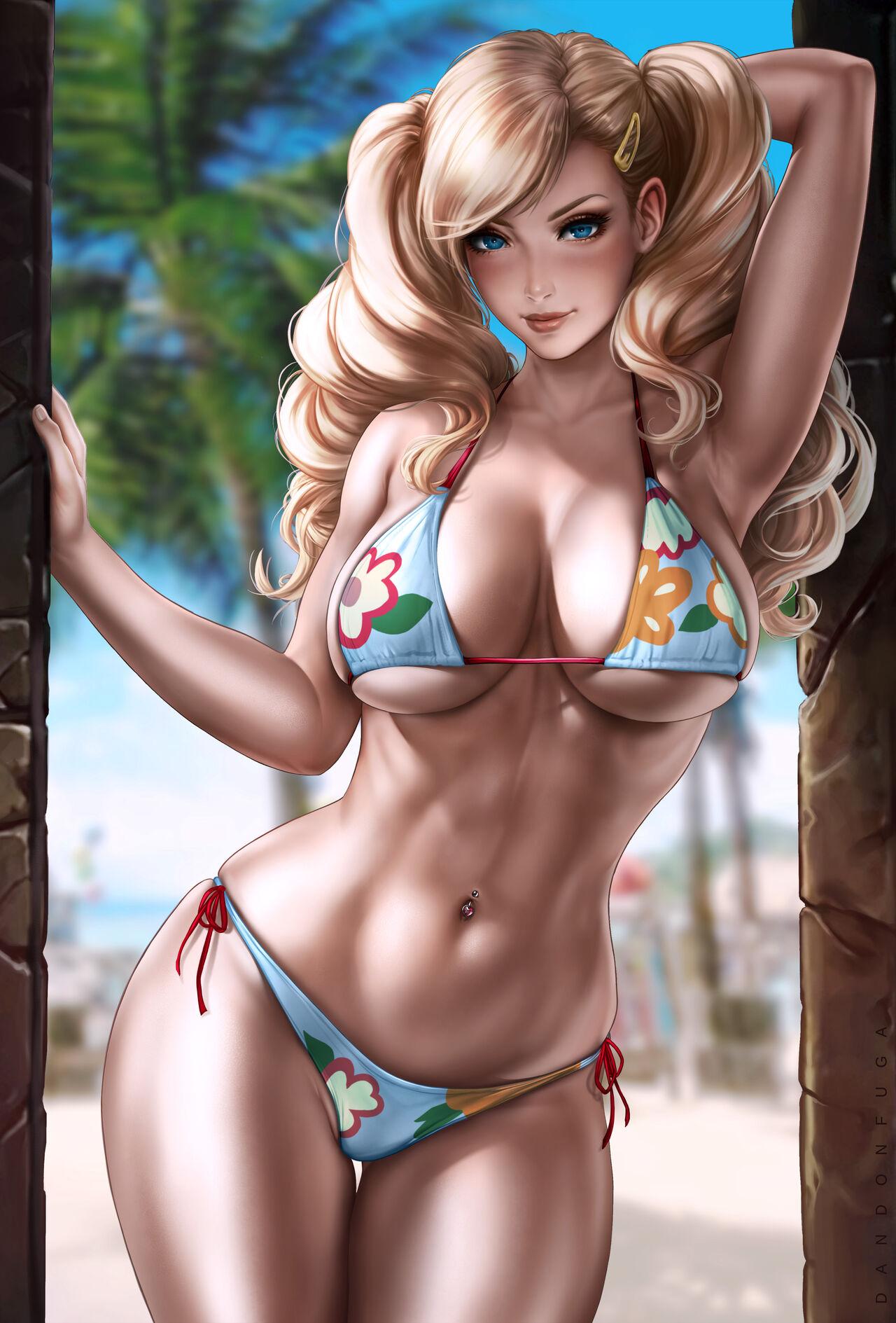1girls, absurd res, absurdres, ann takamaki, arm up, big breasts, bikini, blonde hair, blue eyes, breasts, busty, child bearing hips, cute face, dandon fuga, female, female focus, female only, hair ornament, high resolution, higher resolution available, highres, hips, large breasts, large filesize, light skin, light-skinned female, long hair, looking at viewer, navel piercing, persona, persona 5, slim female, slim waist, standing, swimsuit, thick thighs, thighs, twintails, very high resolution