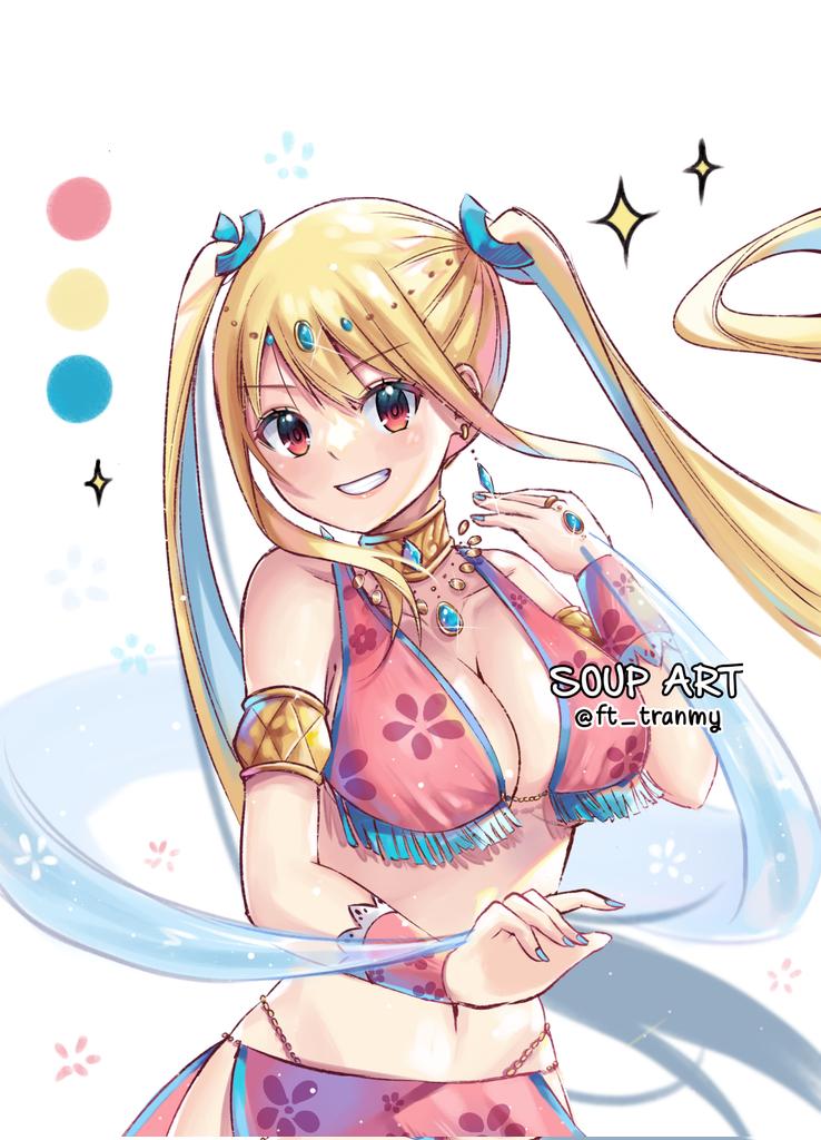 1girls, belly dancer, belly dancer outfit, blonde hair, blonde-haired female, breasts, brown eyes, cleavage, fairy tail, female, female only, fit female, ft tranmy, harem girl, harem outfit, huge breasts, looking at viewer, lucy heartfilia, lucy heartfilia (belly dancer), soup art, twintails, voluptuous, voluptuous female