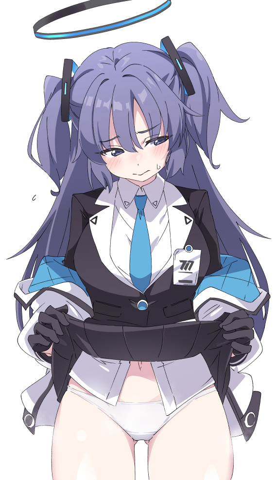 ass_visible_through_thighs bare_legs bare_thighs belly_button black_gloves blue_archive blush closed_mouth embarrassed gloves halo ixy long_sleeves necktie panties pantyshot purple_eyes purple_hair shiny_skin skirt skirt_lift sweatdrop thighs twintails underwear white_panties yuuka_(blue_archive)