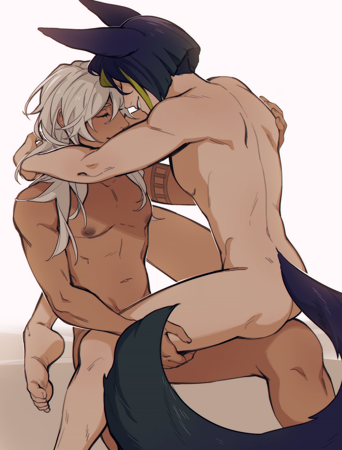 2boys abs animal_ears arms_around_neck ass back blue_hair closed_eyes closed_mouth completely_nude cyno_(genshin_impact) dark-skinned_male dark_blue_hair dark_skin genshin_impact hand_on_another's_shoulder hand_on_another's_thigh highres interracial male_focus medium_hair multicolored_hair multiple_boys navel nipples nude pectorals ruebird sitting smile streaked_hair tail teeth tighnari_(genshin_impact) toe_scrunch white_hair yaoi