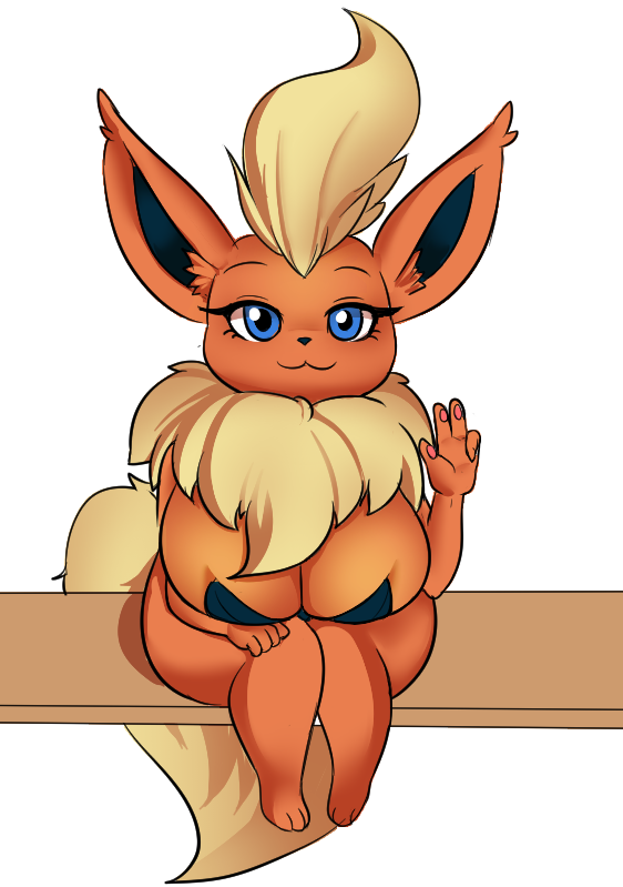 anthro anthrofied big_breasts blue_eyes breasts cleavage clothed clothing eeveelution female flareon fur generation_1_pokemon huge_breasts kyodashiro looking_at_viewer nintendo orange_body orange_fur pokemon pokemon_(species) pokemorph short_stack sitting smile solo