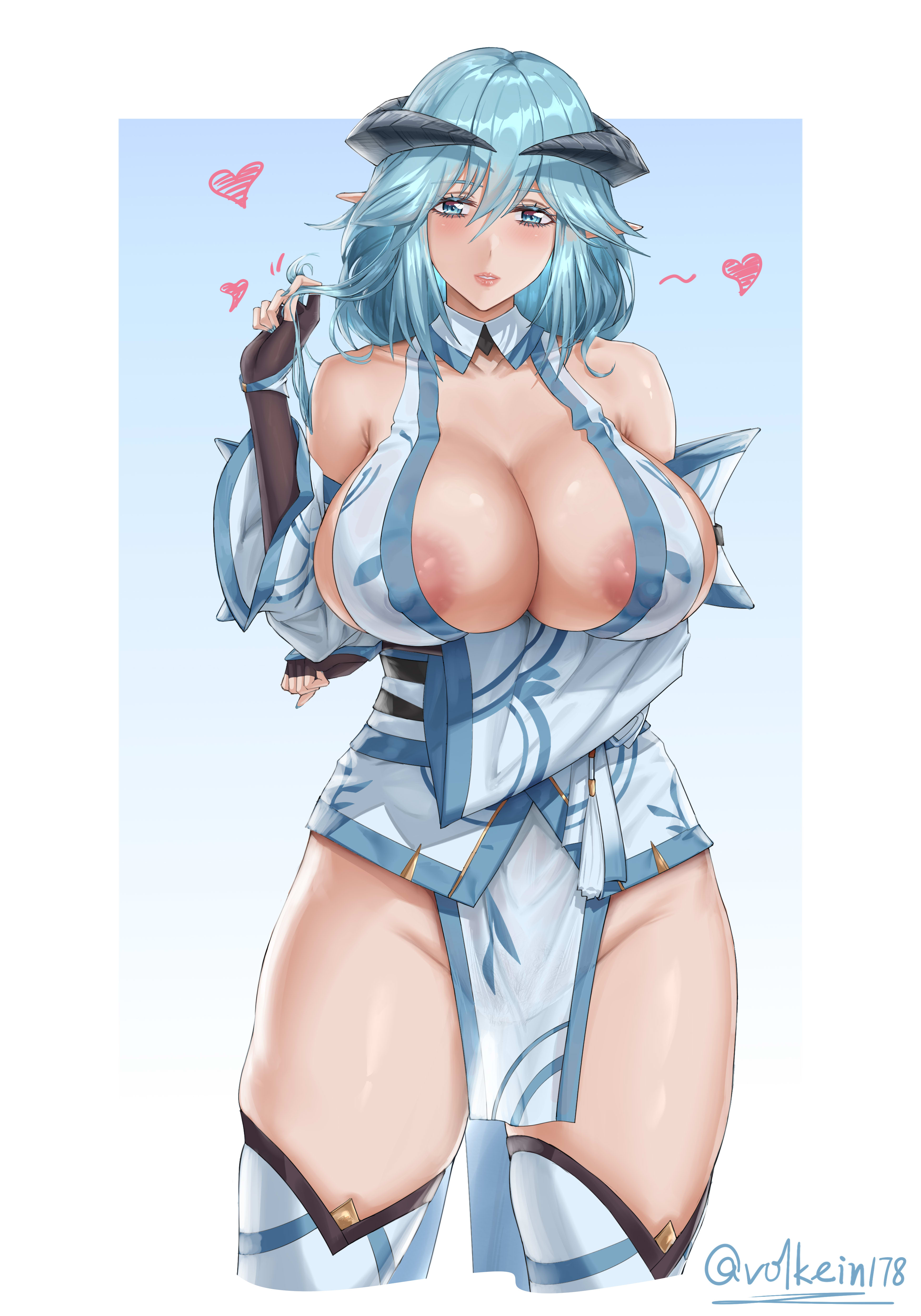 action taimanin, areolae, bare shoulders, blue eyes, blue hair, blush, breasts, cleavage, female, female only, highres, horns, huge breasts, lapis (action taimanin), long hair, milf, nipples, oni, pelvic curtain, pointy ears, solo, taimanin (series), thighhighs, volleying