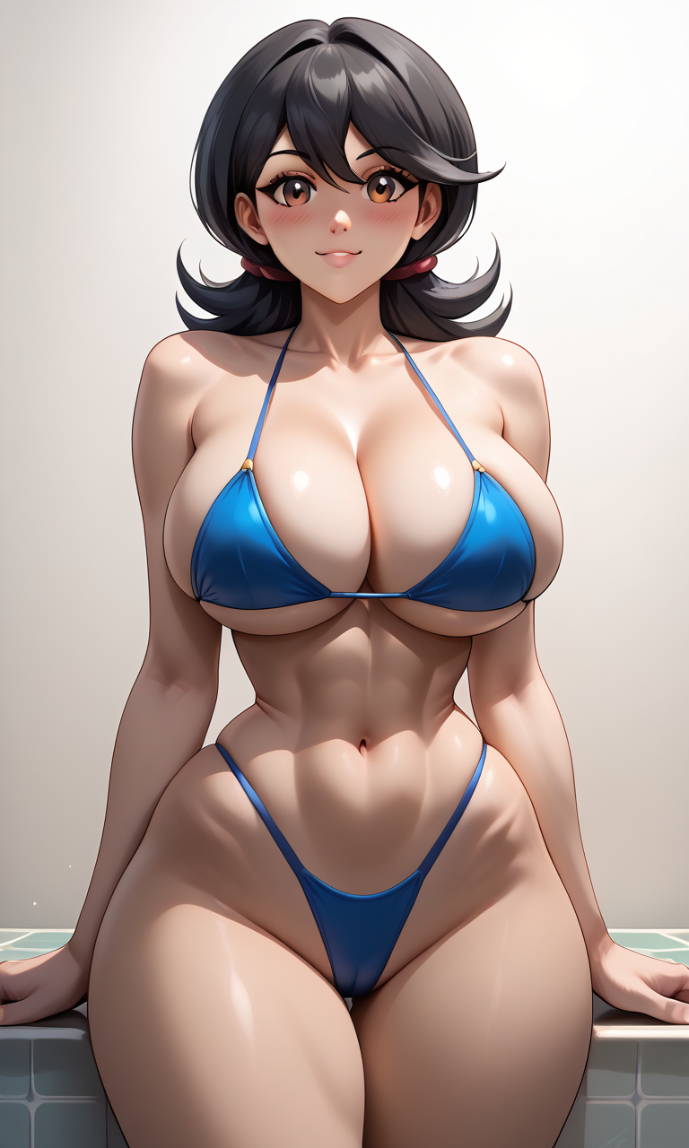 ai_generated arms_at_sides bikini black_hair blue_bikini brown_eyes cameltoe cleavage female groin highleg_bikini hourlgass_figure huge_breasts looking_at_viewer mindy_(yu-gi-oh!) momoe_hamaguchi narrow_waist shonen_jump shounen_jump shueisha slim_waist smile solo thick_thighs thin_waist weekly_shonen_jump weekly_shounen_jump wide_hips yu-gi-oh! yu-gi-oh!_gx yuu-gi-ou yuu-gi-ou_gx zakvar