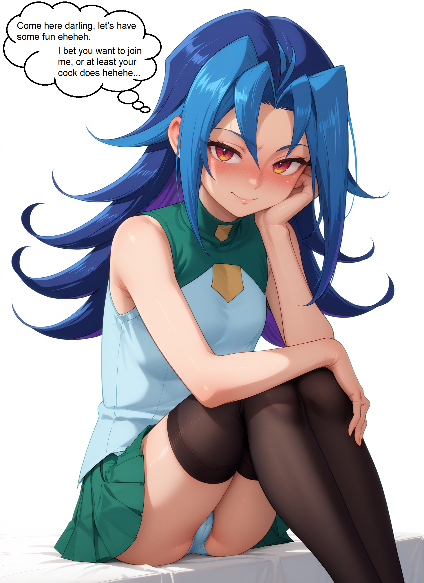 ai generated, blue hair, blush, edit, female, female only, hi res, horny, kamishiro rio, legwear, long hair, looking at viewer, panties, red eyes, rio kamishiro, school uniform, seductive, seductive smile, solo, text, underwear, white background, yu-gi-oh!, yu-gi-oh! zexal
