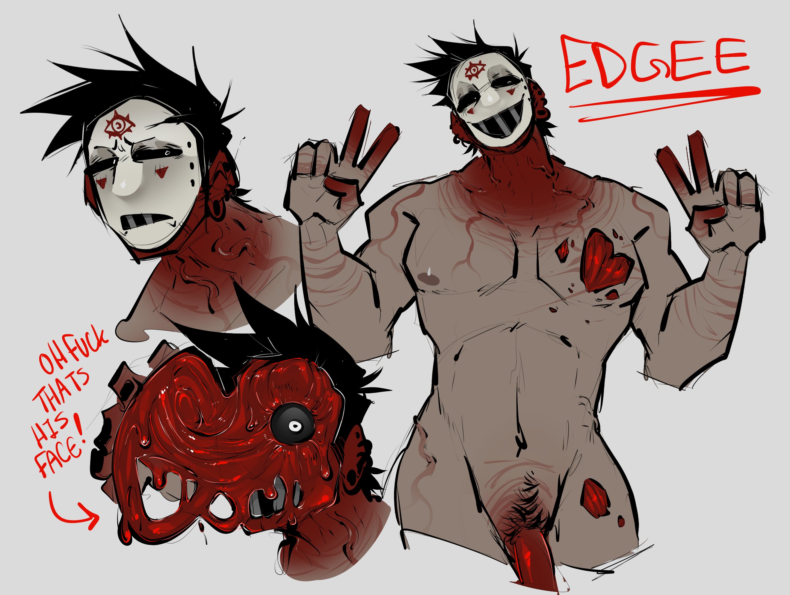 1boy, bileshroom, blood, edgee (bileshroom), gore, happy trail, male, male only, male ryona, mask, masked, masked male, original, original character, peace sign, penis, penis out, pinup, reference image, reference sheet, sketch page