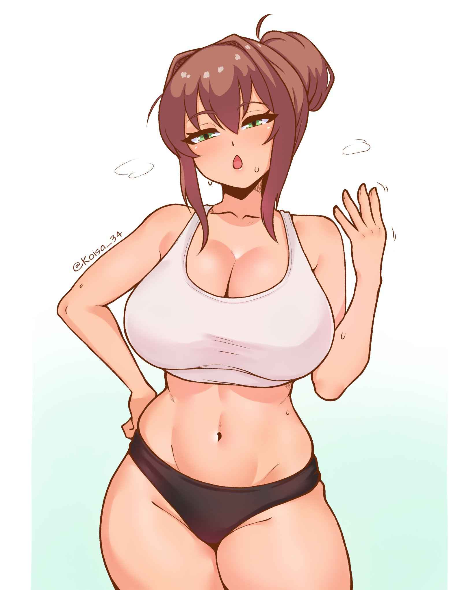 1girls, belly button, big thighs, black panties, breasts, doki doki literature club, female, female only, huge breasts, koisa 34, light skin, light-skinned female, monika (doki doki literature club), panties, solo, white tank top