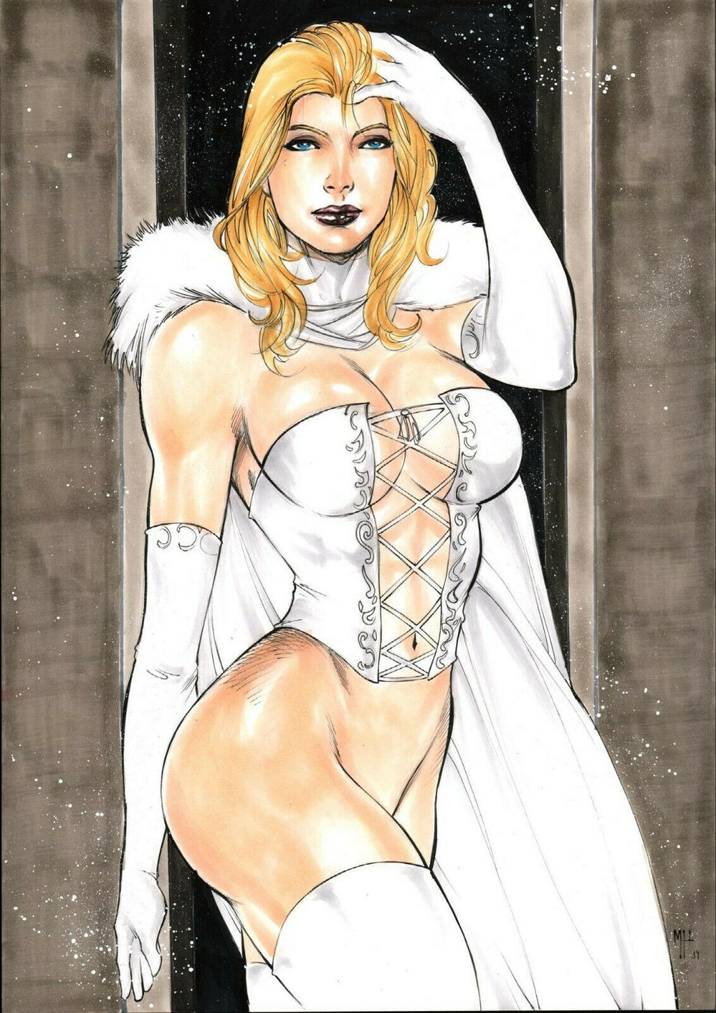 big_breasts bottomless bottomless_female breasts cape corset covering_pussy curvy_female elbow_gloves emma_frost hellfire_club lingerie marvel marvel_comics matthenrystudio pinup thick_thighs thighs white_queen x-men