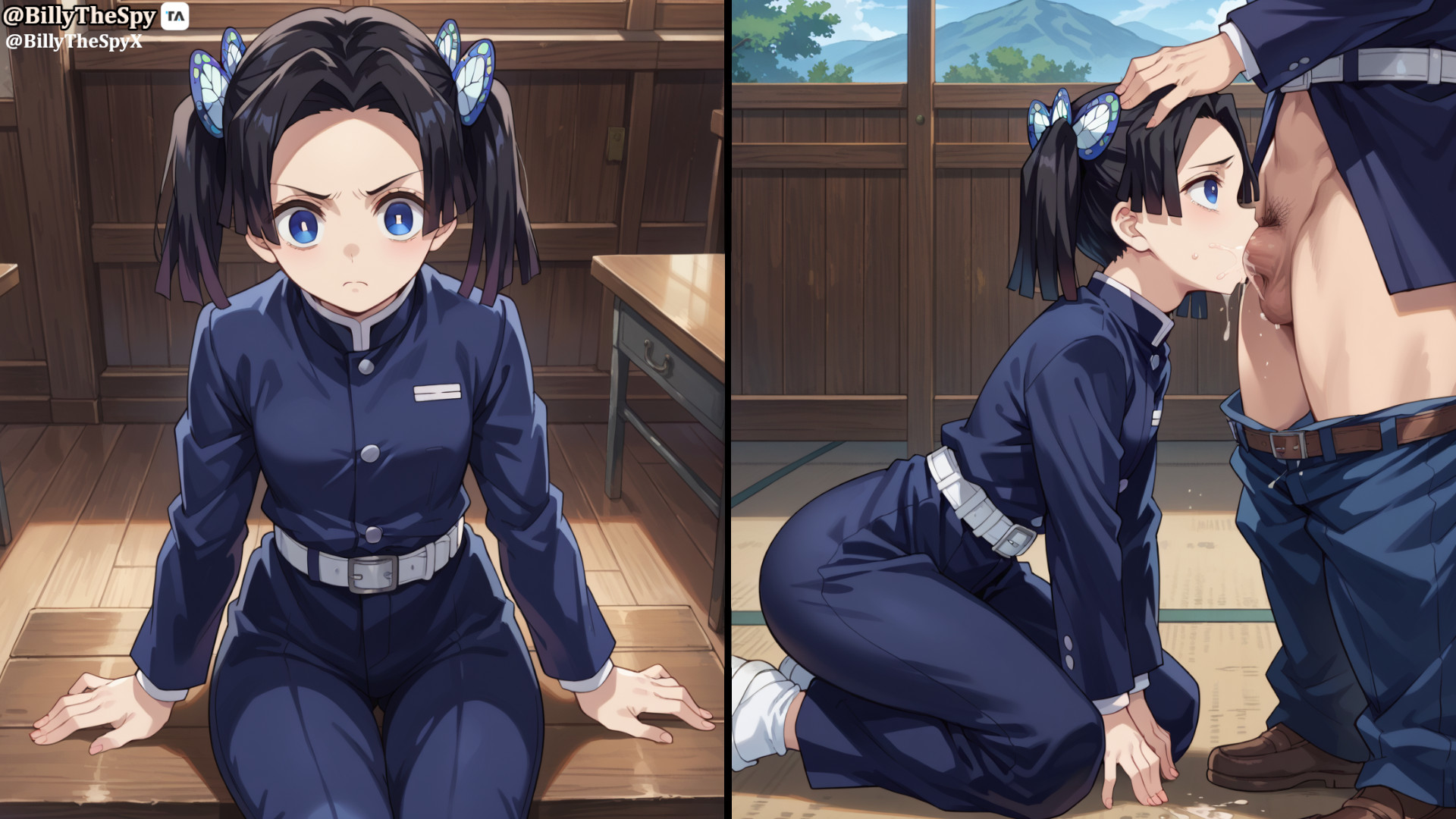 ai generated, ass, big ass, big butt, billythespy, black hair, blowjob, demon slayer, female, kanzaki aoi (kimetsu no yaiba), kimetsu no yaiba, thick ass, thick legs, thick thighs, thighs
