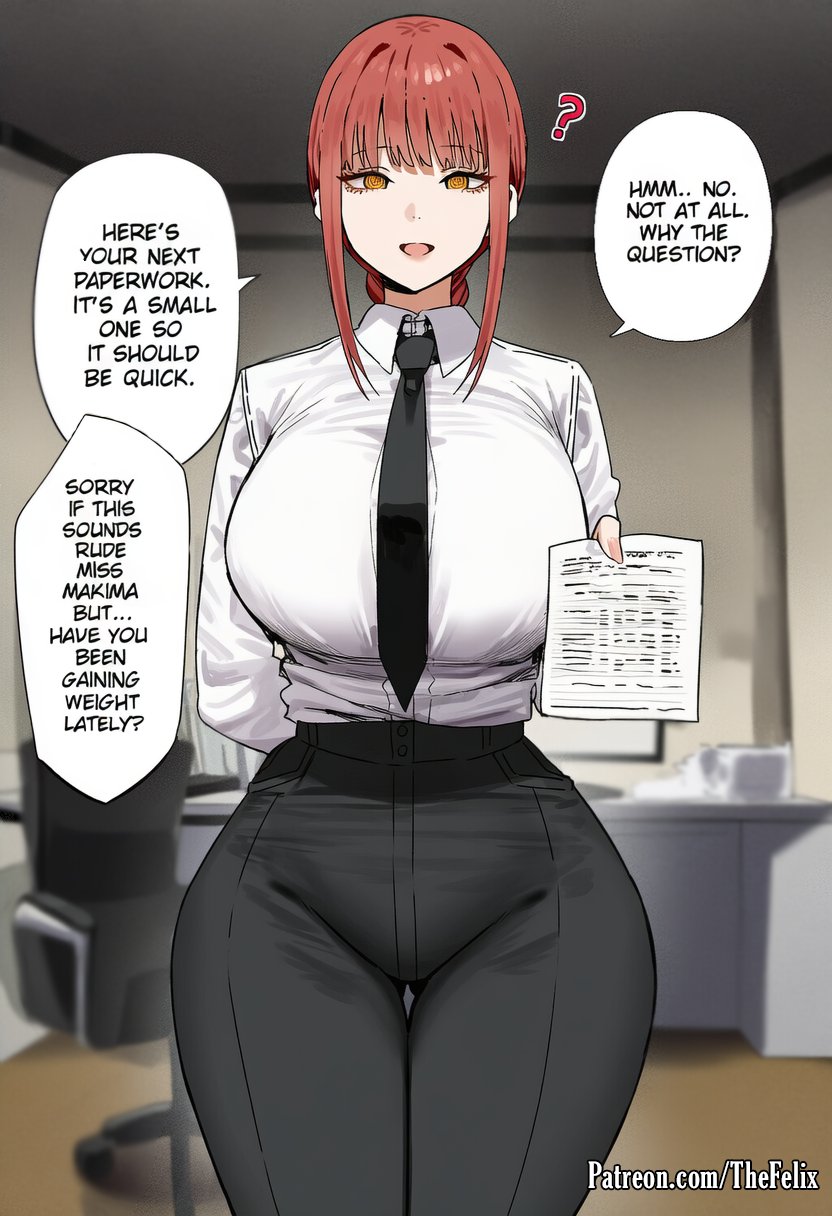 1girls, ai assisted, ai generated, breasts, chainsaw man, clothed, clothed female, dialogue, english text, female, hips, huge breasts, light skin, light-skinned female, looking at viewer, makima (chainsaw man), office lady, pov, text, thefelix, thick thighs, thighs, wide hips