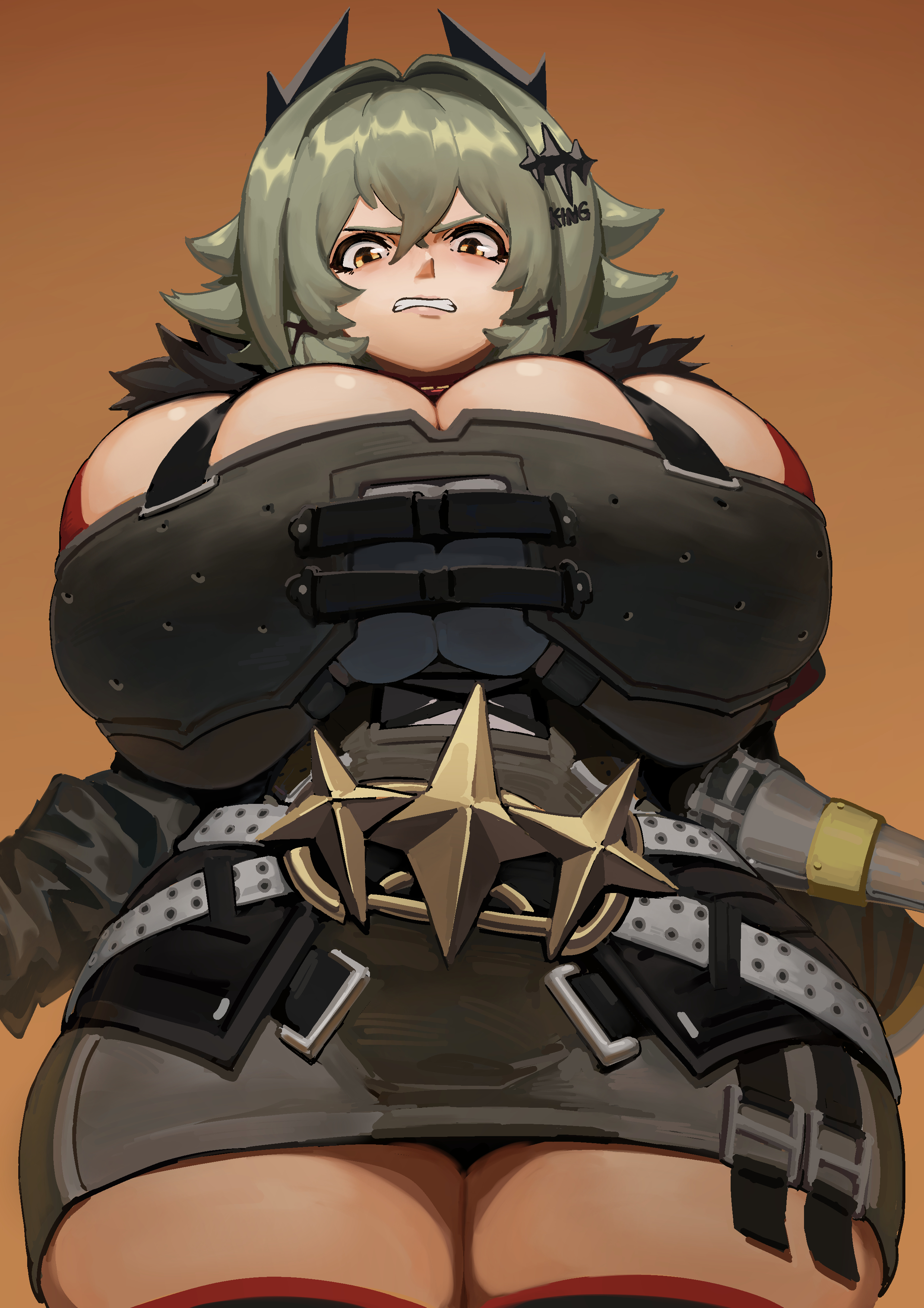 1girls, bathsalts1, breasts, caesar king, female, from below, huge breasts, looking at viewer, pov, tagme, thick thighs, zenless zone zero