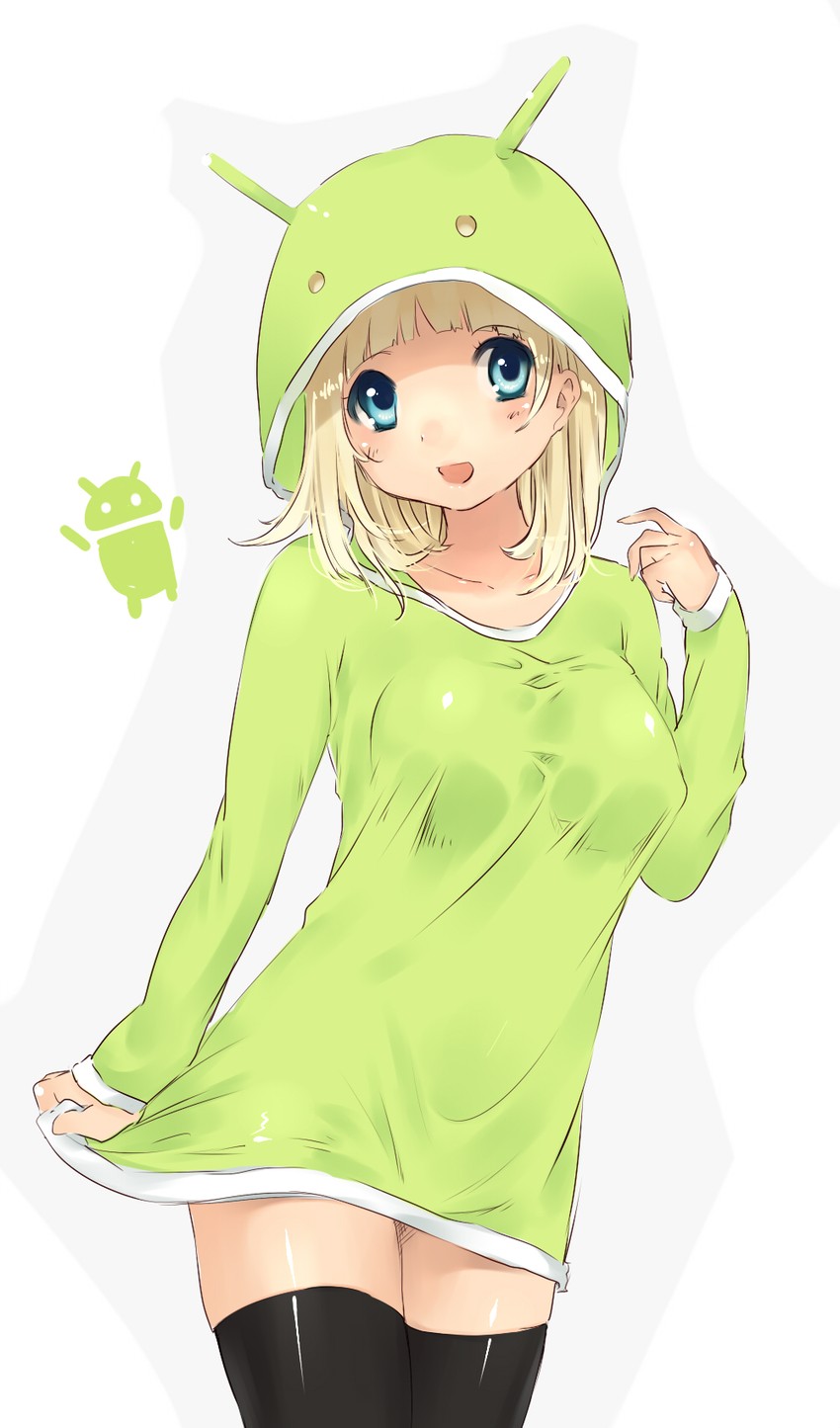 :d android_(os) black_thighhighs blonde_hair blue_eyes blush collarbone female hood hoodie open_mouth personification short_hair smile solo thighhighs white_background