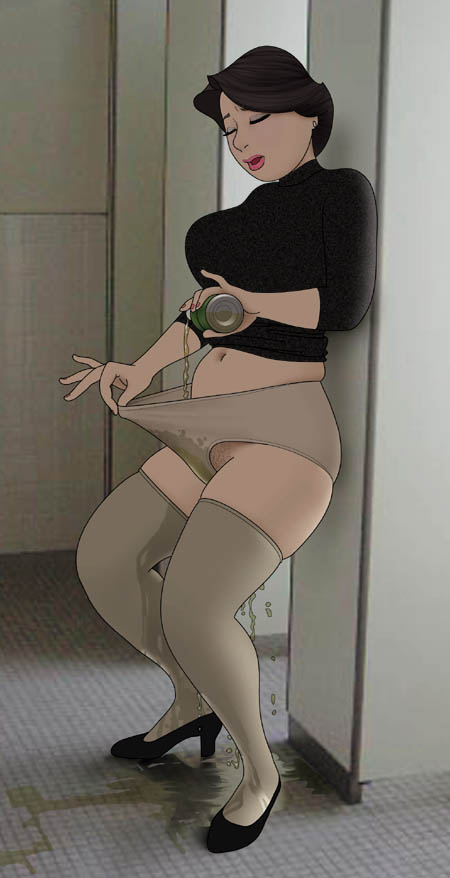 alcohol, asian, bottle, brown hair, closed eyes, clothed, clothing, drunk, female, high heels, legwear, milf, munio world, navel, open mouth, panties, peeing, stockings, thighhighs, underwear, wet panties