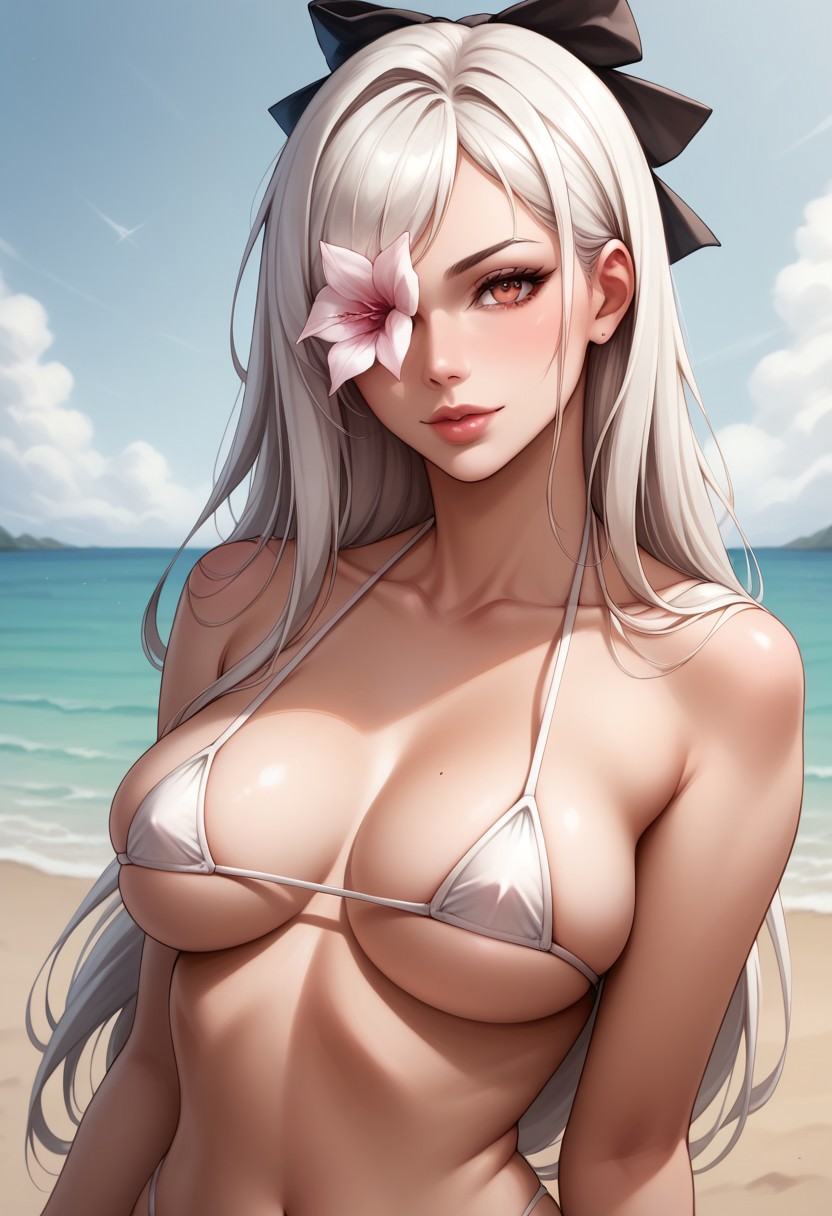 ai_generated beach bikini bikini_top breasts drag-on_dragoon_3 drakengard_3 female flower flower_in_eye long_hair pale-skinned_female pink_nipples ribbon ribbon_in_hair white_hair zero_(drag-on_dragoon) zero_(drakengard)