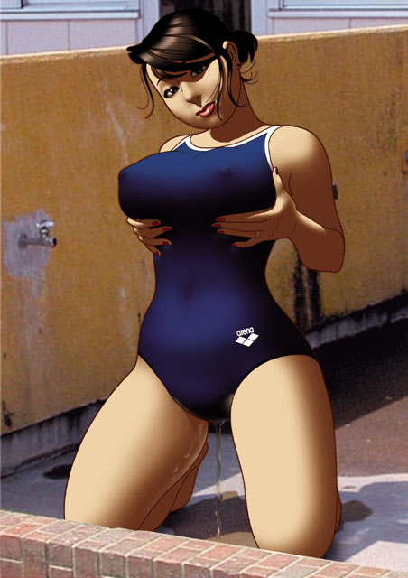 bathing suit, brown hair, female, munio world, omorashi, one-piece swimsuit, peeing, peeing in swimsuit, swimsuit