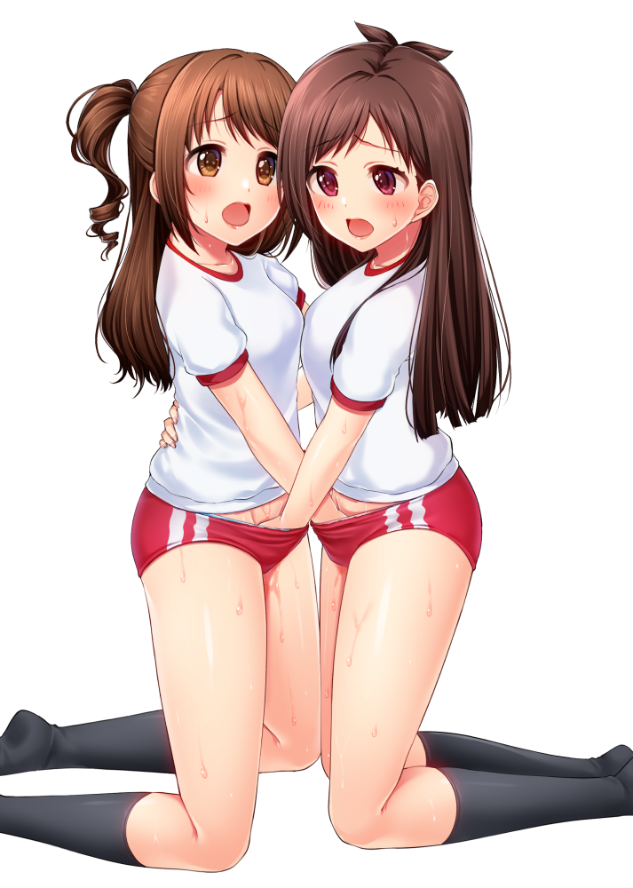 2girls black_socks blunt_ends blush breasts brown_eyes brown_hair buruma collarbone commentary_request commission fingering foot_out_of_frame gym_uniform hair_intakes hand_in_another's_panties idolmaster idolmaster_cinderella_girls kneeling long_hair medium_breasts multiple_girls mutual_fingering mutual_masturbation no_shoes one_side_up open_mouth panties pussy_juice red_buruma red_eyes shimamura_uzuki shirt sidelocks skeb_commission socks sweat textless_version tsujino_akari underwear white_panties white_shirt yoyomura yuri