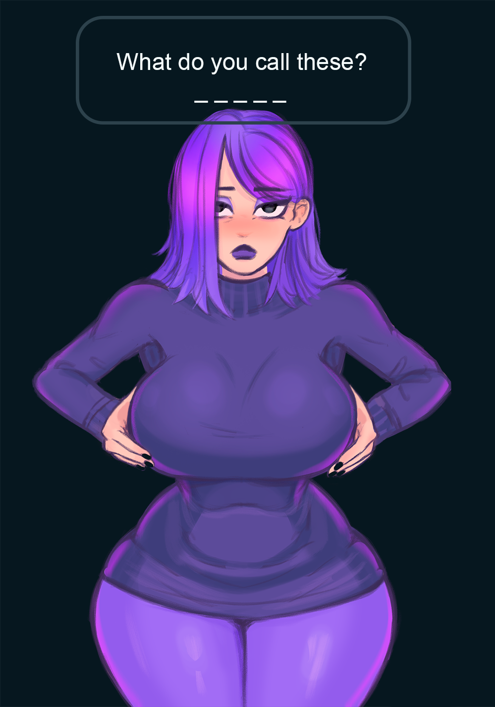 1girls big_boobs big_breasts boobs grabbing_breasts grabbing_own_breast purple_clothing purple_eyes purple_hair purple_pants skin