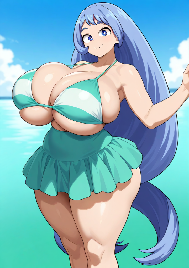 ai_generated bathing_suit beach bikini blue_hair hadou_nejire large_breasts long_hair my_hero_academia nejire_hado schoolgirl