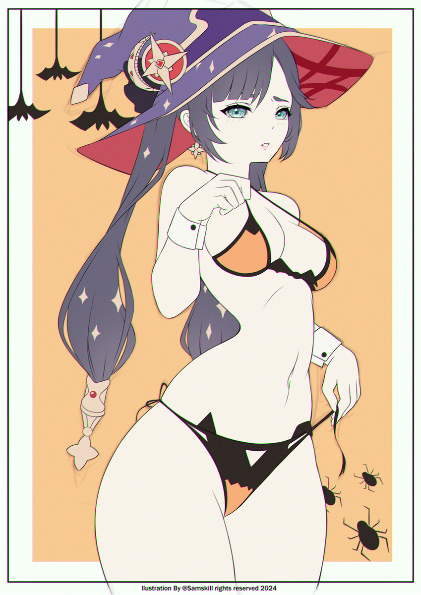 bathing_suit black_hair blue_eyes halloween looking_at_viewer mona_(genshin_impact) orange_swimsuit witch_hat