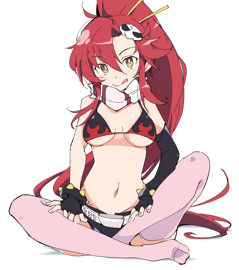 bare_arms bare_belly bare_shoulders belly_button belt big_breasts bikini bikini_top_only black_gloves blush breasts brown_eyes cleavage elbow_gloves feet fingerless_gloves gloves groin hair_ornament ixy licking_own_lips long_hair ponytail red_hair scarf shiny_skin smile tengen_toppa_gurren_lagann thighhighs thighs tongue tongue_out underboob yoko_littner