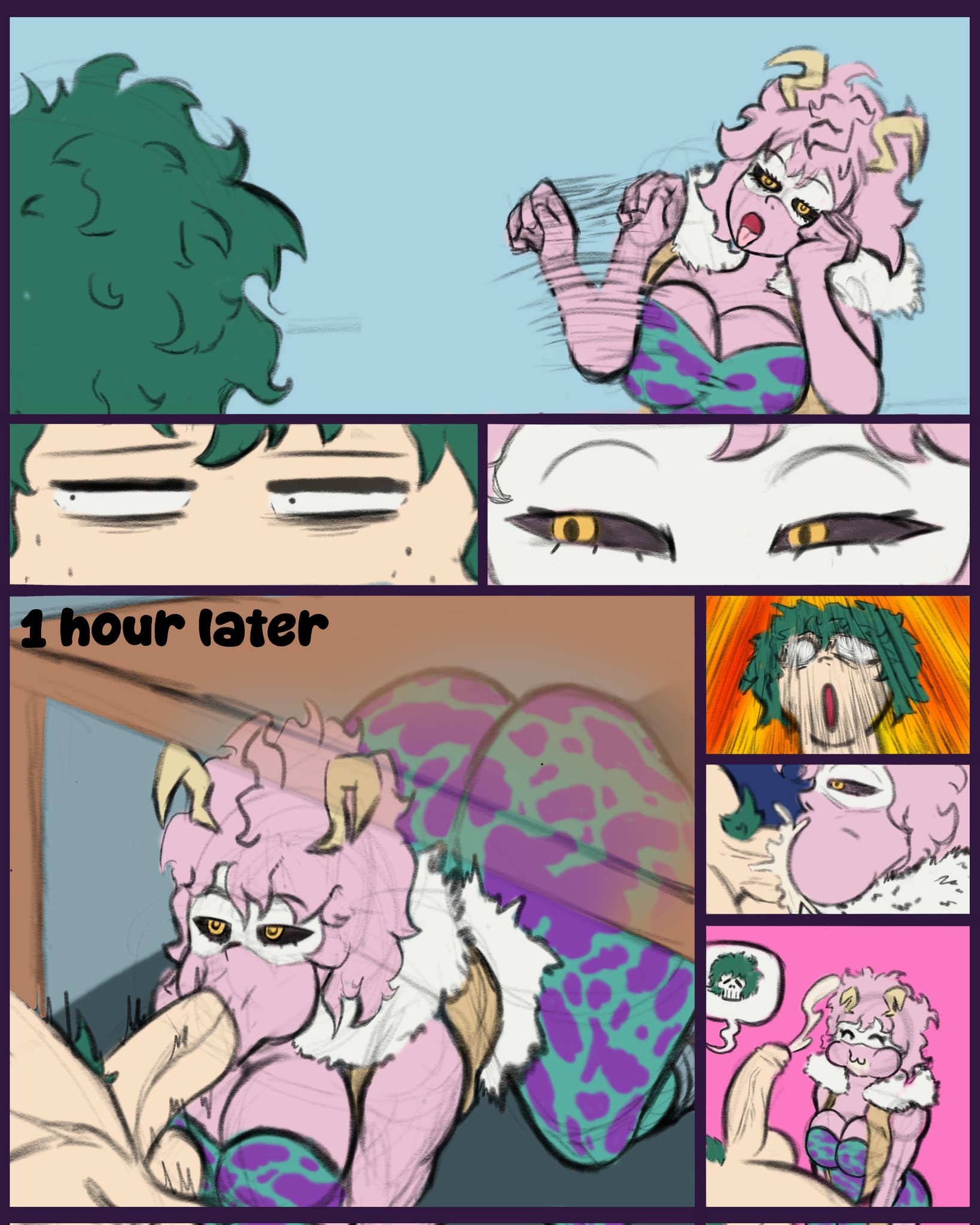 1boy, 1girls, ass, big ass, big breasts, big penis, black sclera, blowjob, blowjob gesture, blowjob under table, boku no hero academia, busty, cleavage, clothed, clothed female, clothed sex, clothing, comic, comic page, cum, cum in mouth, cum inside, duo, ejaculation, fellatio, female, green hair, hero, hero costume, hero outfit (mha), heroine, horns, huge ass, huge breasts, izuku midoriya, large ass, large breasts, male, male/female, mask, mina ashido, my hero academia, offering, offering sex, open mouth, oral, oral creampie, oral sex, penis, pink body, pink hair, pink skin, sex, short hair, straight, straight sex, superbone, teenager, tongue, tongue out, under the table, veiny penis, yellow eyes
