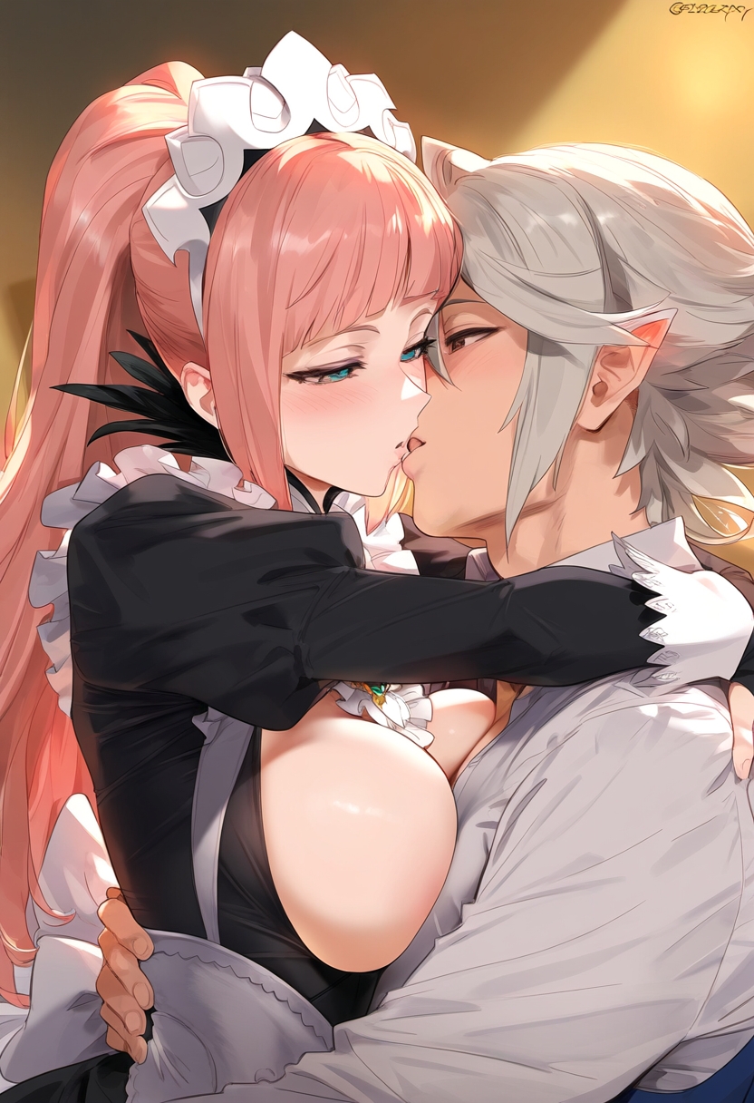 ai_generated breasts breasts_out corrin_(fire_emblem) corrin_(fire_emblem)_(male) felicia_(fire_emblem) fire_emblem fire_emblem_fates hug kissing maid maid_headdress maid_uniform mrteardrop nintendo pink_hair pointy_ears ponytail