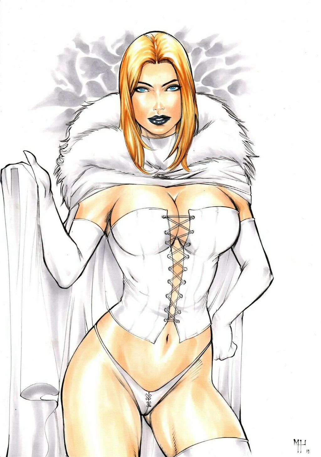 big_breasts bottomless bottomless_female breasts cape corset covering_pussy curvy_female elbow_gloves emma_frost hellfire_club lingerie marvel marvel_comics matthenrystudio pinup thick_thighs thighs white_queen x-men