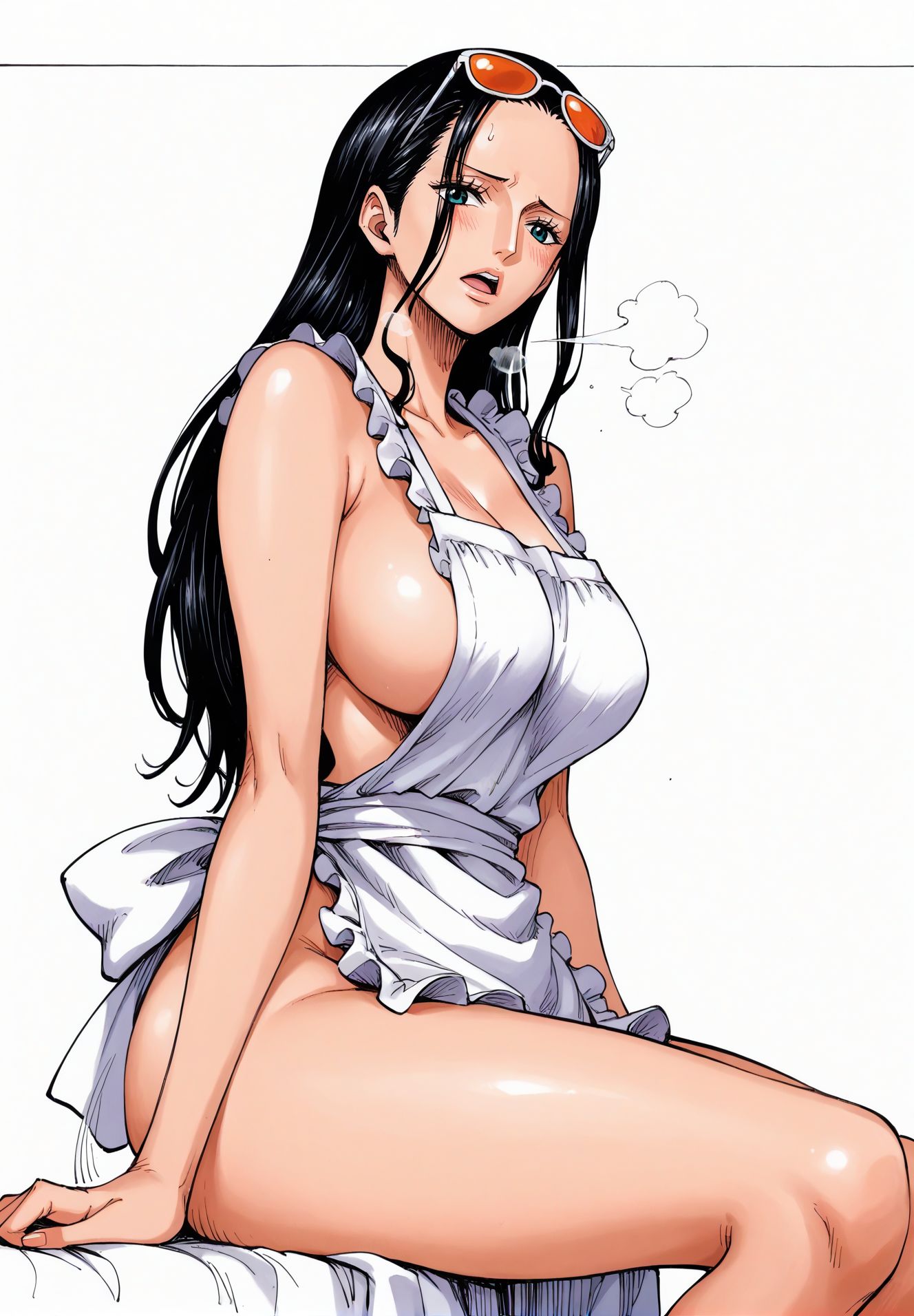 ai_generated alluring almost_naked almost_nude apron apron_only big_breasts black_hair blue_eyes blush breasts female female_only glasses long_hair looking_at_viewer nico_robin one_piece open_mouth post-timeskip seducing seduction seductive seductive_body seductive_eyes seductive_gaze seductive_look seductive_mouth seductive_pose seductive_smile shiny_hair shiny_skin steamy_breath sunglasses sunglasses_on_head voluptuous voluptuous_female yashin