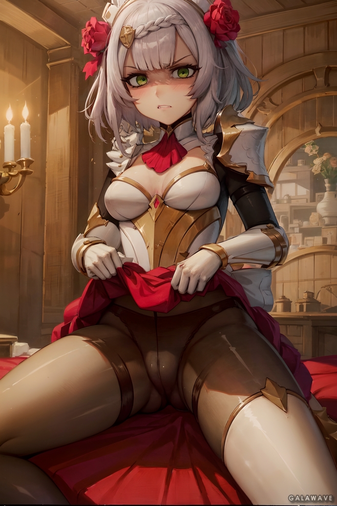 1girls ai_generated angry breasts embarrassed female flashing_panties galawave genshin_impact green_eyes indoors maid medium_breasts noelle_(genshin_impact) short_hair skirt_lift thighs white_hair