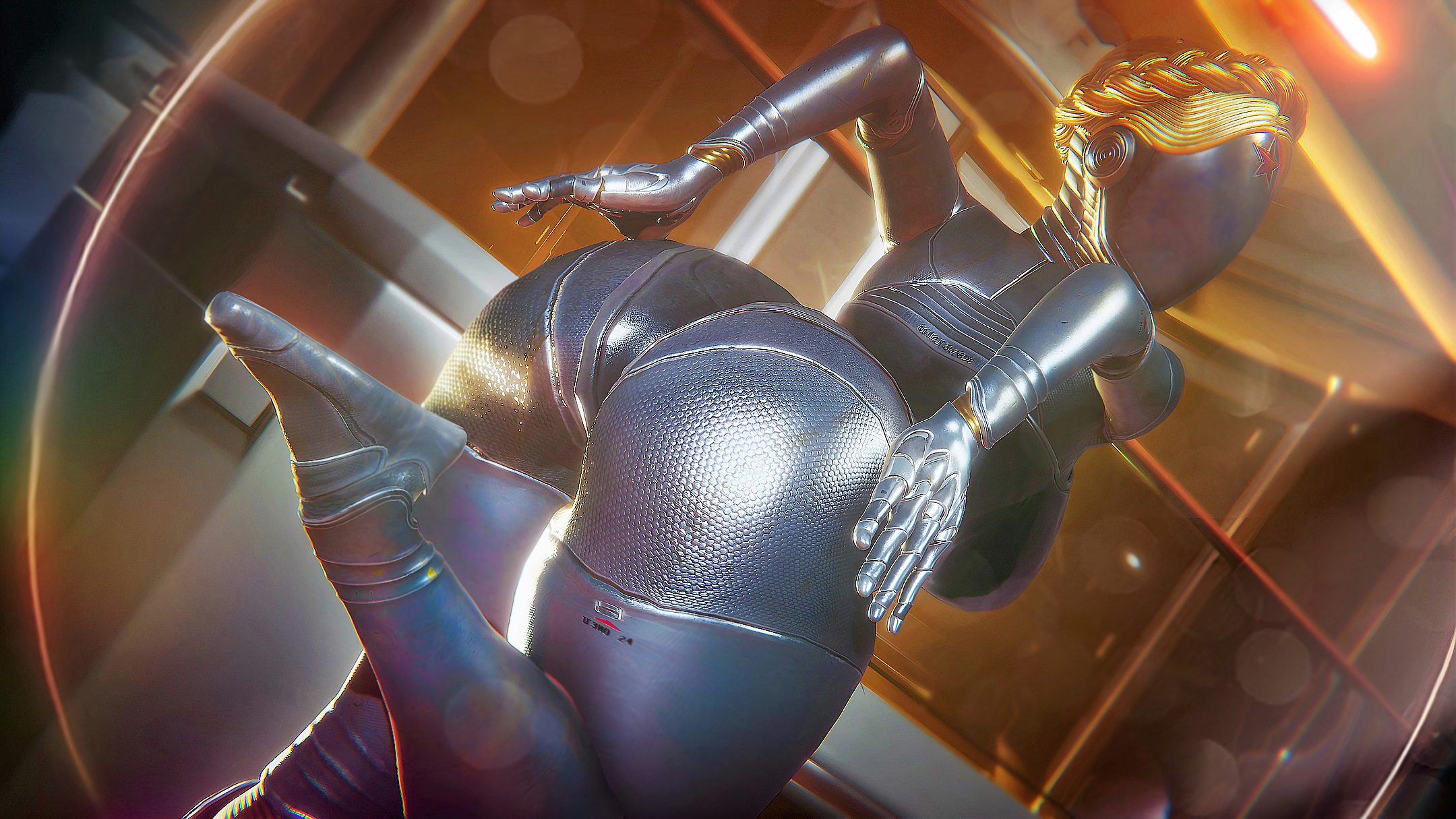 1girls, 3d, 3d (artwork), ass, ass focus, atomic heart, bent over, big ass, curvy, feet, female, from behind, glowing, robot, robot girl, shiny, sonicfreak, the twins (atomic heart), thick thighs, thighs