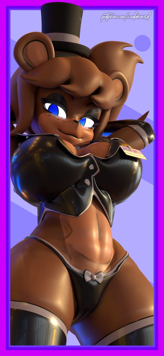 1girls, 3d, 3d (artwork), alternate version available, anthro, armwear, artist name, big breasts, blue eyes, breasts, brown body, brown fur, brown hair, cally3d, clazzey, codabun, cryptiacurves, curvy, fazclaire's nightclub, female, female only, five nights at freddy's, fnaf, freddy (fnaf), fredina (cally3d), fredina's nightclub, frenni (cryptia), frenni fazclaire, hat, looking at viewer, panties, scottgames, solo, thick thighs, thighhighs, underboob, underwear, voluptuous, wide hips
