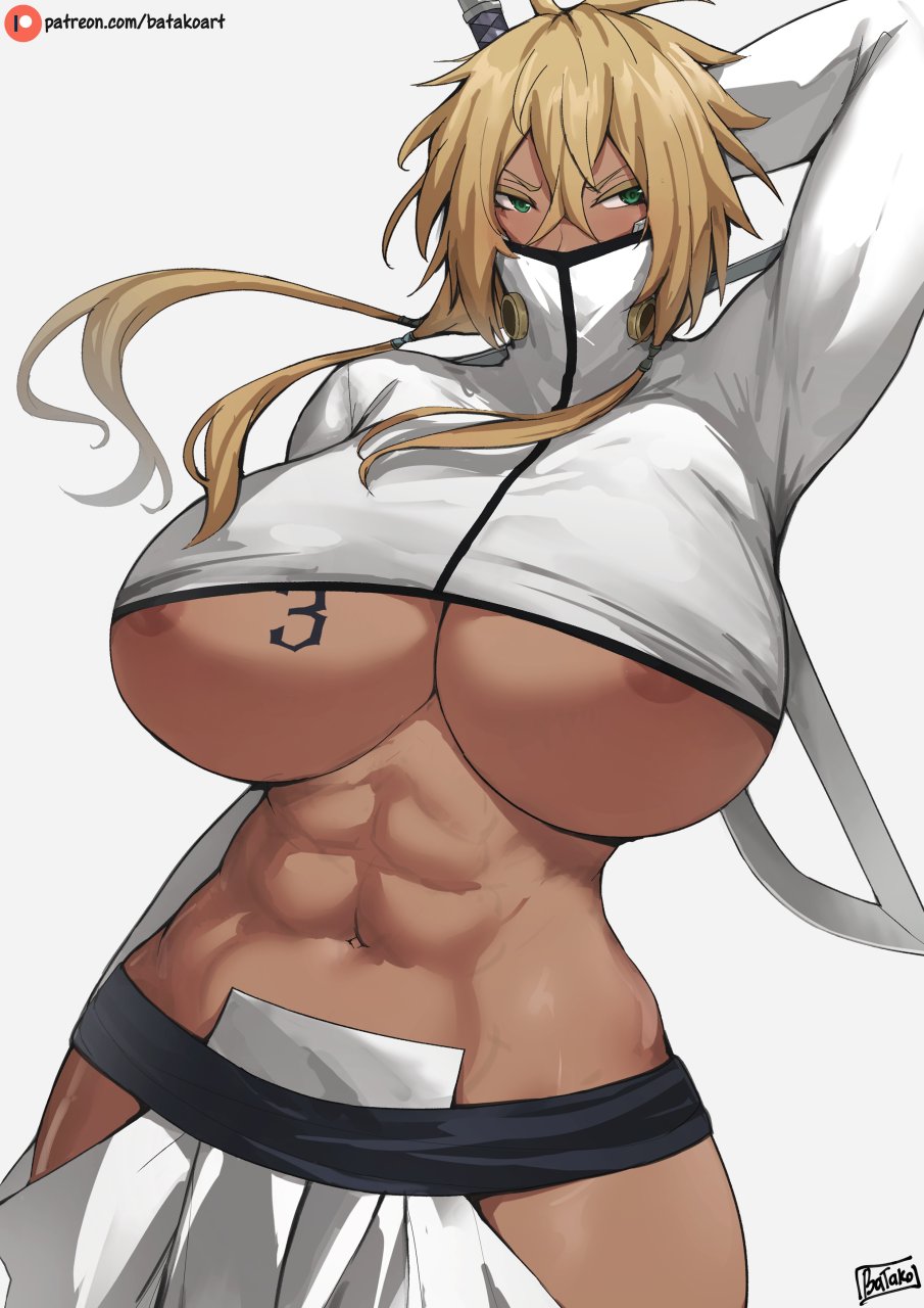 1girls abs areola_slip arm_up arrancar batako big_breasts bleach breasts crop_top dark-skinned_female espada huge_breasts muscular_female solo sword tattoo tia_harribel underboob