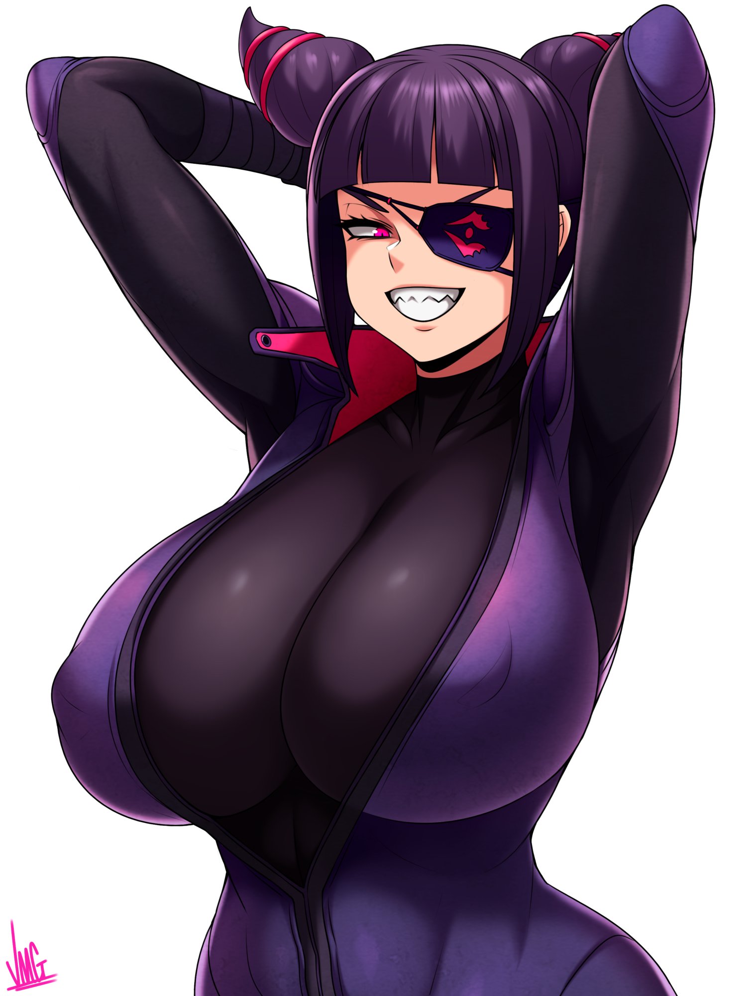 black clothing, black hair, bodysuit, breasts, busty, eyepatch, female, female only, grinning, hands behind head, jmg, juri han, large breasts, light skin, light-skinned female, pink eyes, purple clothing, skin tight suit, solo female, street fighter