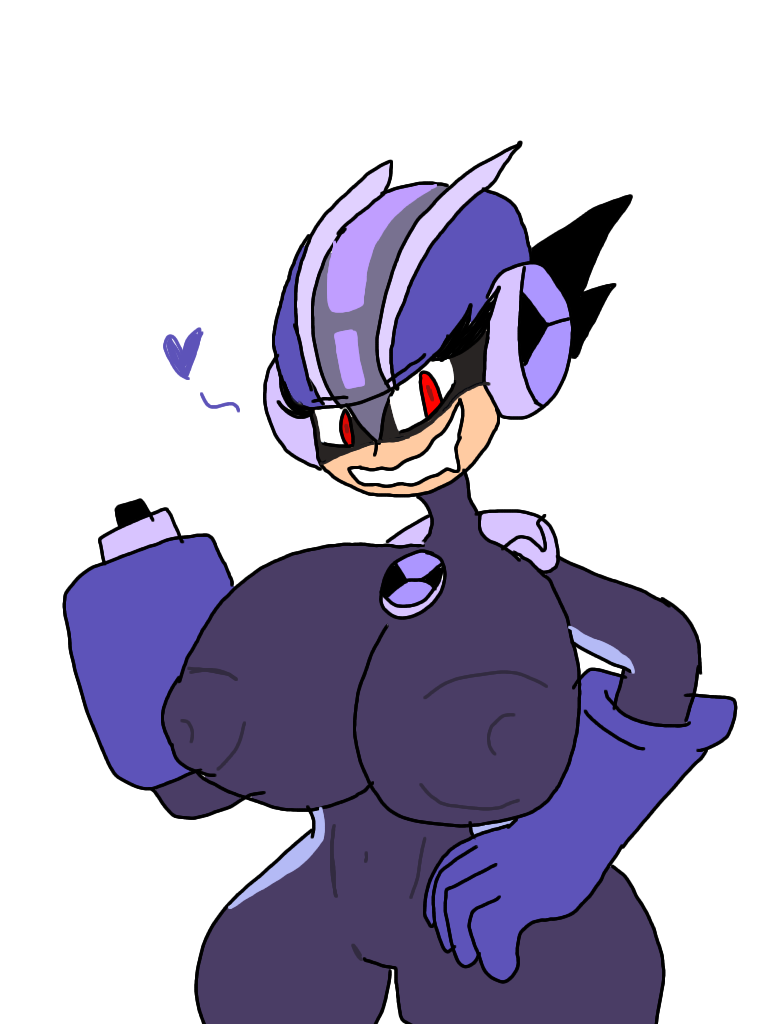 1girls arm_cannon artist_request black_hair corrupted dark_megaman.exe female hands_on_hips horny huge_breasts huge_thighs latex_suit looking_at_viewer mega_man mega_man_battle_network megaman.exe red_eyes rockman rockman_exe rule_63 white_background