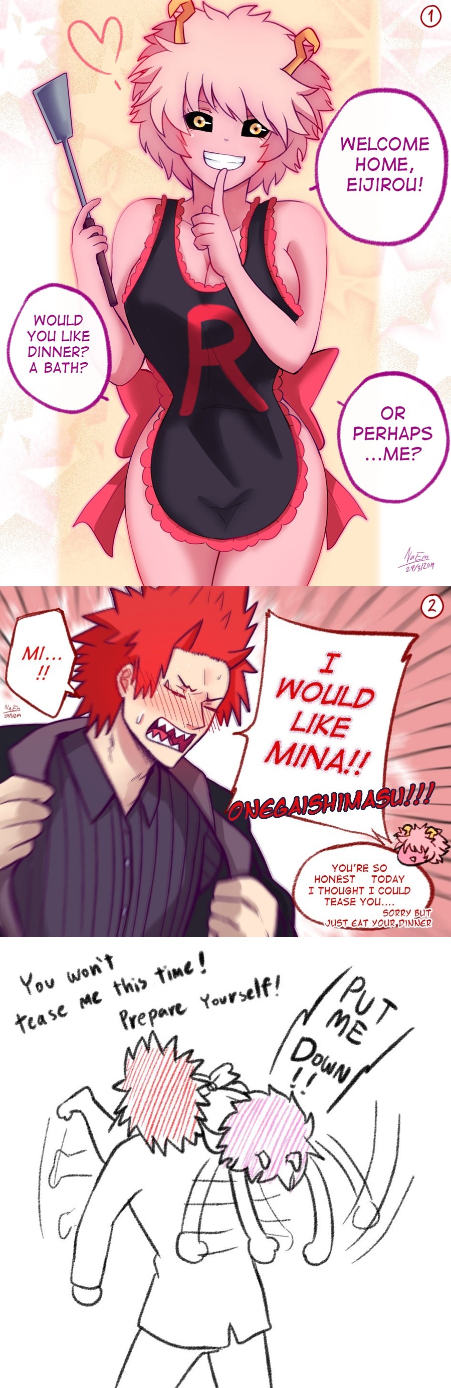 1boy 1girls aged_up apron apron_only big_breasts black_sclera blackhaiper blush carrying_over_shoulder cleavage cute dialogue eijirou_kirishima english_text fanon_couple female female_focus golden_eyes horns inviting inviting_to_sex male/female mina_ashido my_hero_academia naem naked_apron pink_hair pink_skin red_hair roleplay smile straight suggestive team_rocket text welcoming wholesome