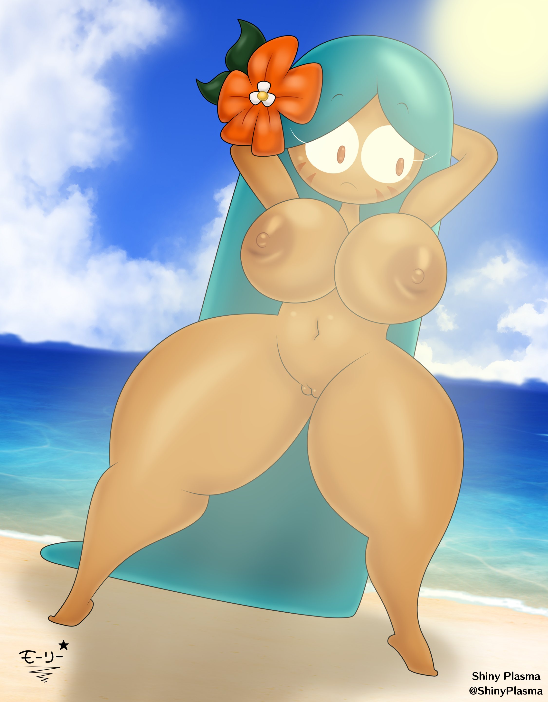 1girls, areolae, barefoot, beach, big breasts, blue hair, breasts, completely nude, cookie run, curvy, female, female only, full body, long hair, looking to the side, naked, naked female, nude, nude female, pussy, solo, solo female, superstarplasma, tiger lily cookie, voluptuous