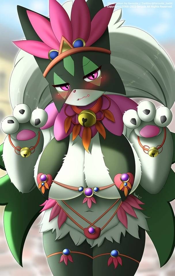 anthro anthro_only belly big_breasts blush cat_humanoid catgirl collar embarrassed faroula_twitt festive_clothing furry game_freak green_fur mask meowscarada mouth_open nintendo pokémon_(species) pokemon pokemon_sv red_eyes