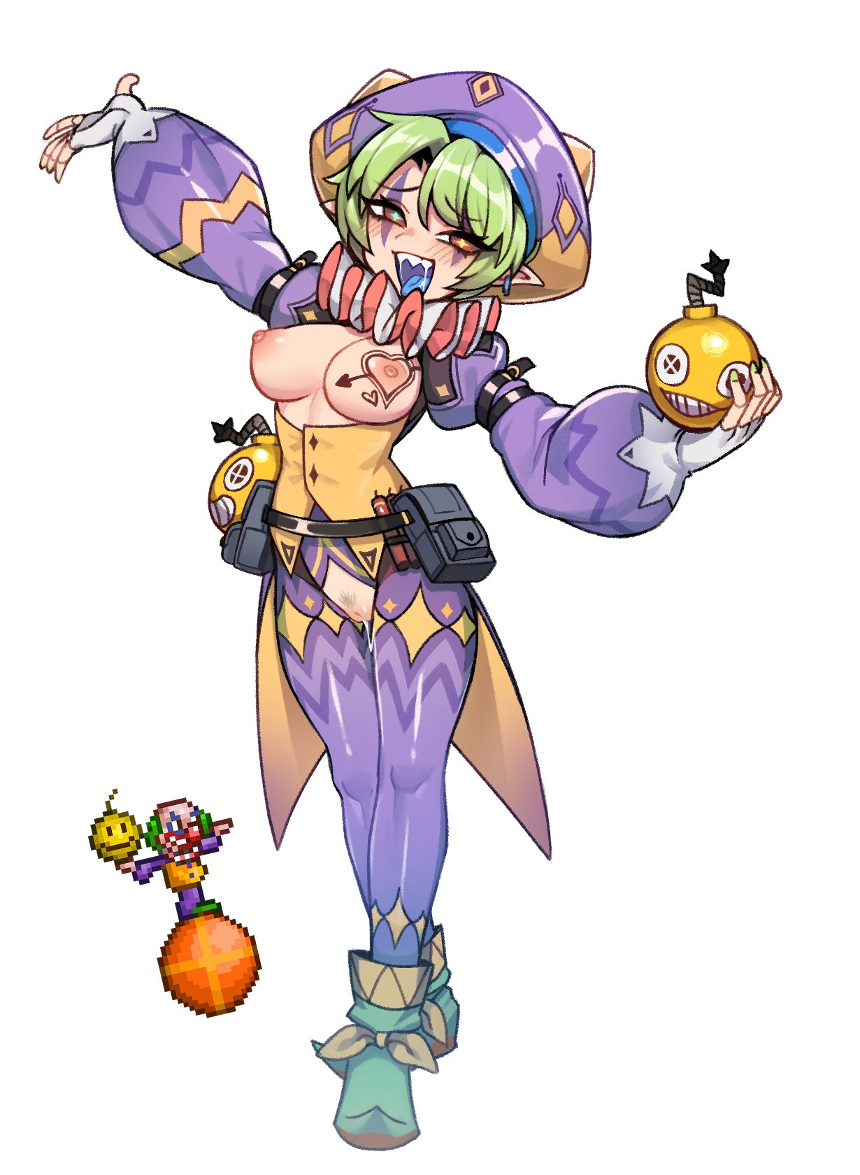 :q blue_tongue blush breast_tattoo breasts breasts_out clown clown_(terraria) clown_girl clown_makeup colored_tongue facial_mark female female_pubic_hair fingerless_gloves full_body gloves green_hair highres large_breasts long_sleeves mismatched_pupils nipples nyong_nyong pants pointy_ears pubic_hair puffy_long_sleeves puffy_sleeves purple_pants pussy pussy_juice red_eyes sharp_teeth shirt short_hair solo standing tattoo terraria tongue tongue_out white_gloves yellow_shirt