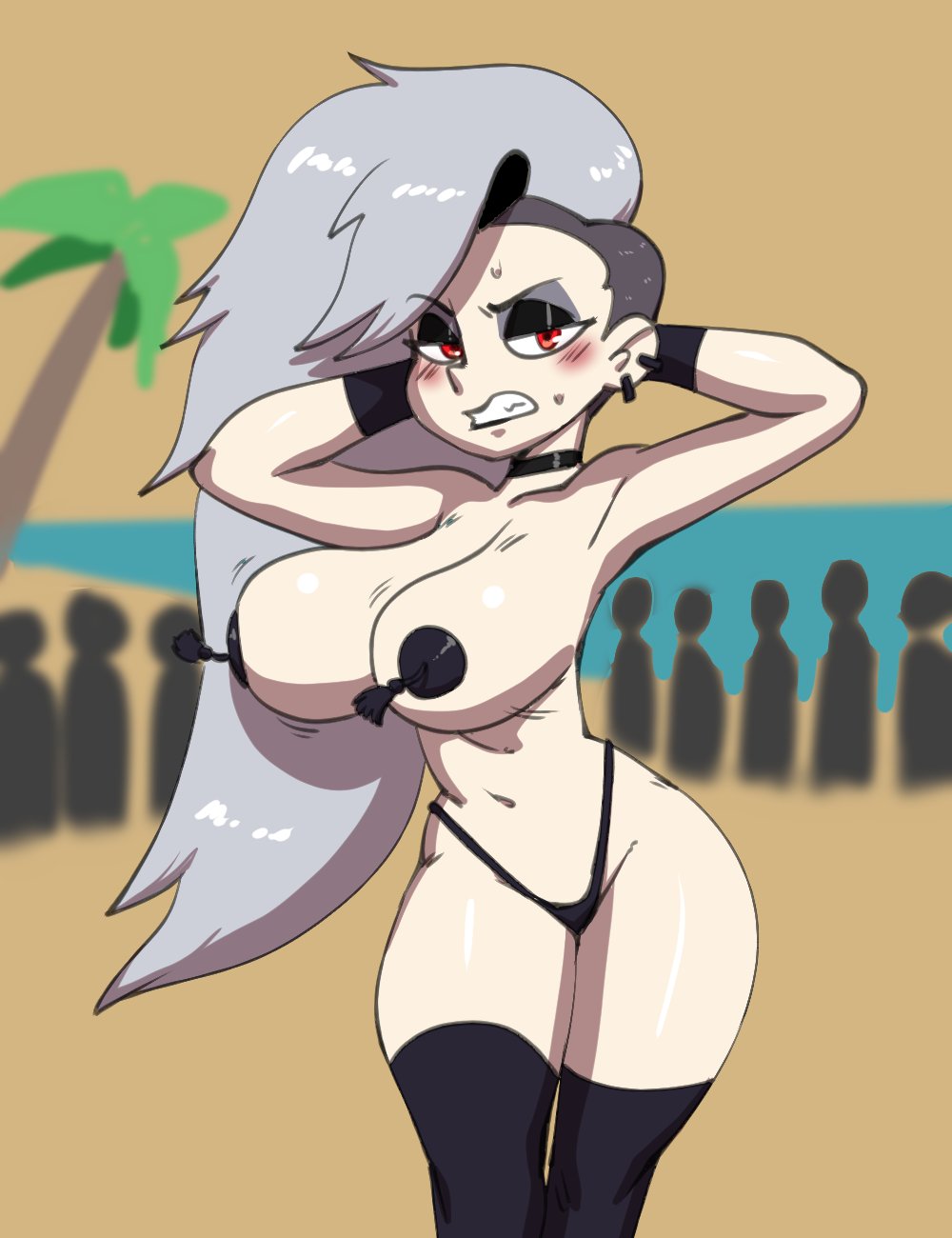1girls, big breasts, bouncing breasts, breasts, darkeros13, female, female focus, helluva boss, human loona, light skin, light-skinned female, long hair, loona (helluva boss), panties, pasties, public, red hair, silver hair, stockings, voluptuous, voluptuous female
