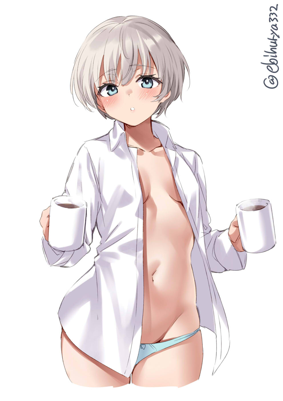 blue eyes, blue panties, blush, coffee, coffee mug, collarbone, collared shirt, cowboy shot, cropped legs, cup, ebifurya, female, grey hair, groin, highres, holding, holding cup, kantai collection, long sleeves, looking at viewer, mug, navel, open clothes, open mouth, open shirt, panties, shirt, short hair, simple background, solo, twitter username, underwear, white background, white shirt, z1 leberecht maass (kantai collection)