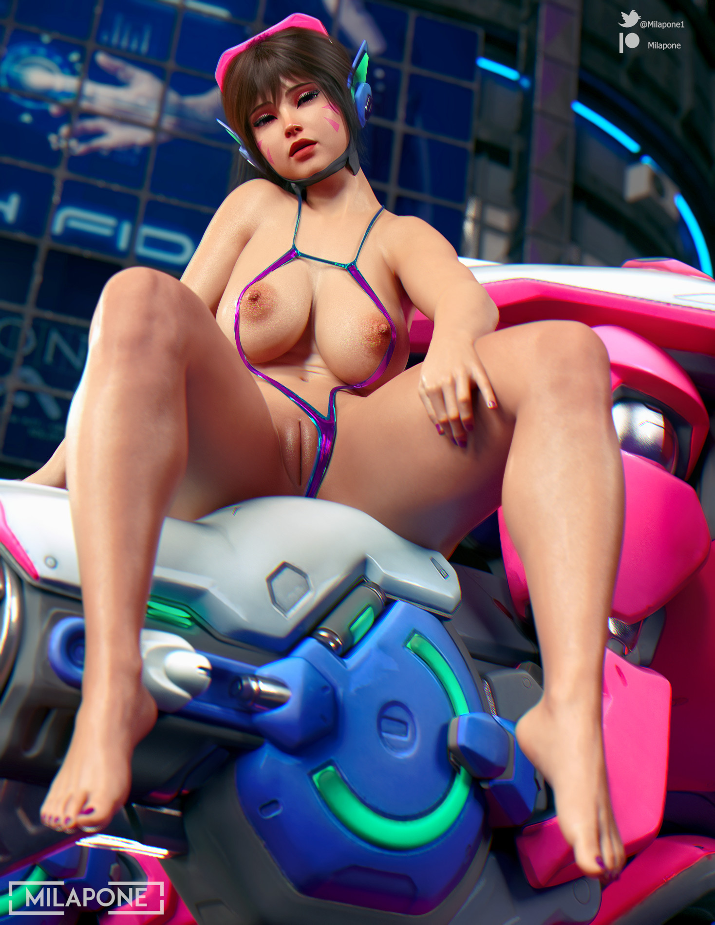 1girls, 3d, abs, areolae, ass, big breasts, bikini, blizzard entertainment, breasts, brown eyes, brown hair, d.va, d.va (overwatch 2 suit), feet, female, female only, front view, hips, looking at viewer, low-angle view, meka, milapone, navel, nipples, outdoors, overwatch, overwatch 2, patreon username, ponytail, purple nails, pussy, sling bikini, solo, thick thighs, thighs, tokki (overwatch), twitter username, vagina, waist