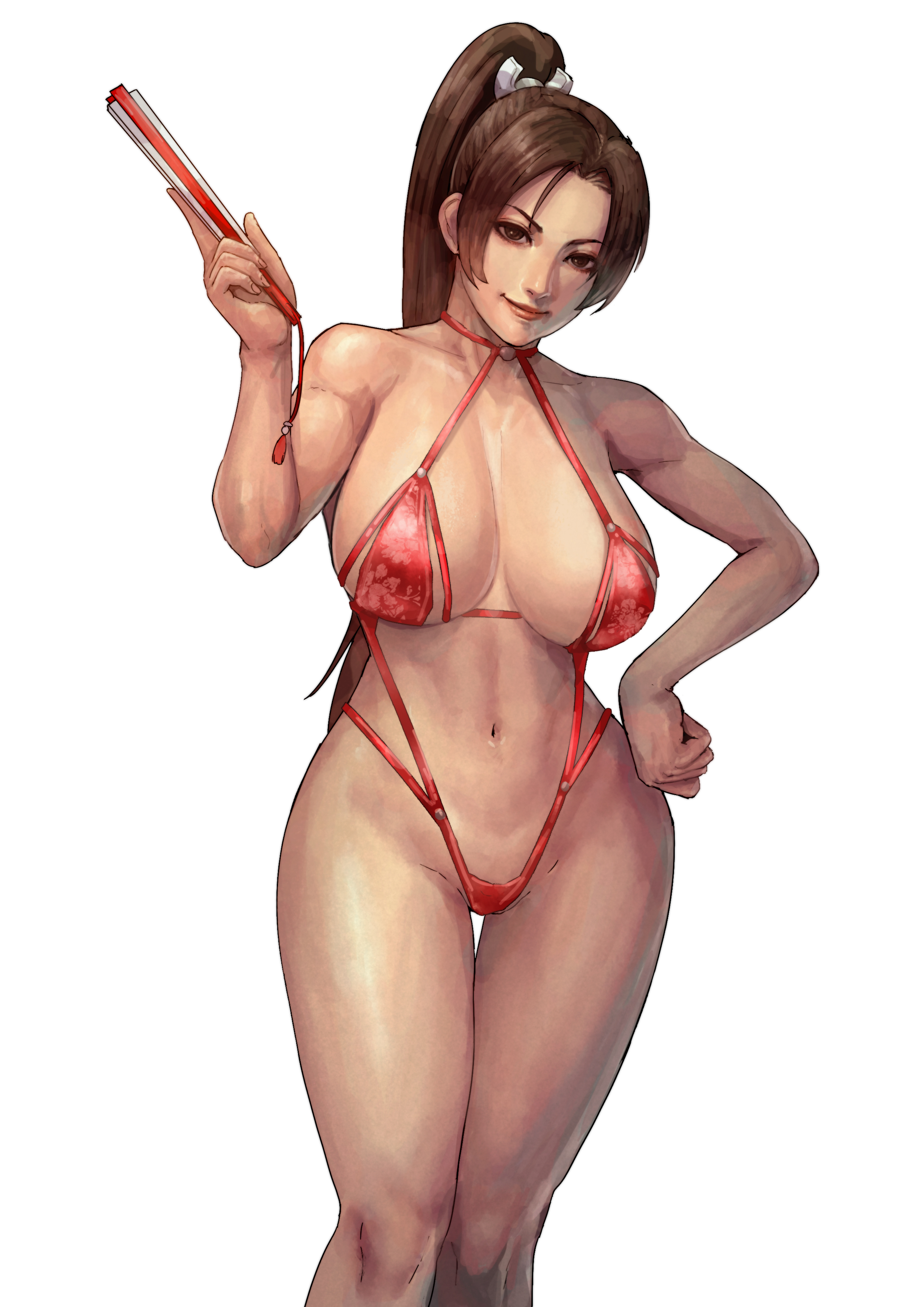 1girls, breasts, brown eyes, brown hair, choker, cirenk, fatal fury, female, female only, huge breasts, king of fighters, long hair, looking at viewer, mai shiranui, micro bikini, ponytail, snk, thong, voluptuous