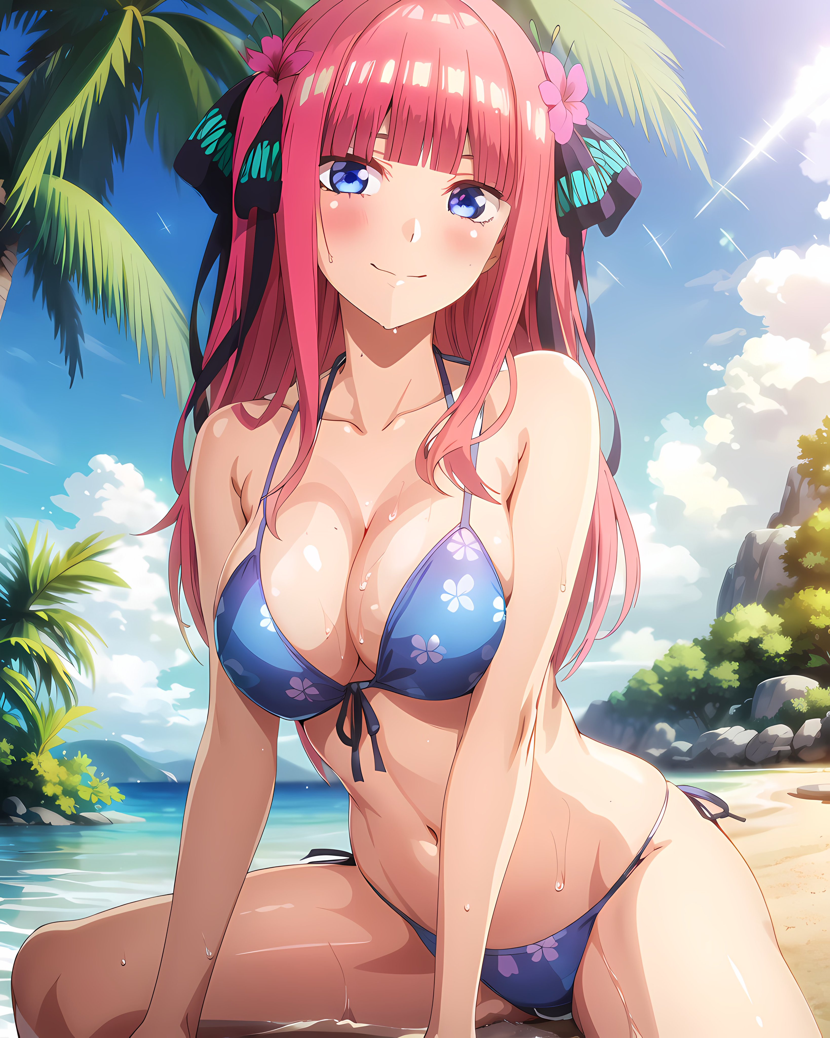 1girls, ai generated, beach, big breasts, bikini, blue eyes, blue sky, breasts, busty, butterfly hair ornament, cleavage, curvy, female, female only, go-toubun no hanayome, hair ornament, hair ribbon, long hair, looking at viewer, nakano nino, palm tree, pink hair, ribbon, sand, skimpy, smile, solo, water, wet, wet skin
