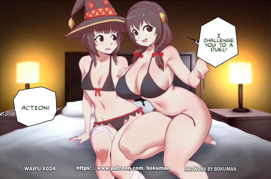 2girls bed big_ass big_breasts big_butt bokuman confused confusion difference_size different_breast_sizes english_text female female_only inminent_sex kono_subarashii_sekai_ni_shukufuku_wo! medium_ass medium_butt megumin multiple_girls recording red_eyes size_difference small_breasts taking_off_panties thick thick_ass thick_hips thick_legs thick_thighs undressing_self witch_hat yunyun_(konosuba)