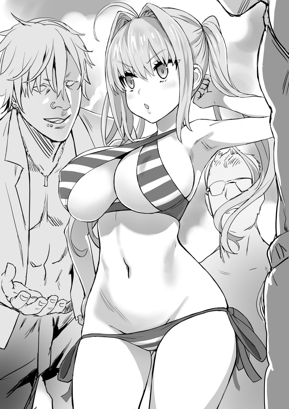 >:o 3boys :o ahoge archway_of_venus armpits asanagi bikini breasts chestnut_mouth cleavage clothing cowboy_shot criss-cross_halter curvaceous enty_reward erect_nipples erect_nipples_under_clothes fate/grand_order fate_(series) female female female_focus full_cleavage gluteal_fold greyscale hair_intakes halter_top halterneck hand_on_hip high_resolution large_breasts lip_piercing lowleg lowleg_bikini male megane monochrome multiple_boys navel nero_claudius_(fate) nero_claudius_(swimsuit_caster) nipples nose_piercing one_arm_up open_mouth paid_reward piercing side-tie_bikini side-tie_bikini_bottom solo_focus straight striped striped_bikini striped_swimsuit swimsuit thighs tied_hair twintails v-shaped_eyebrows wide_hips